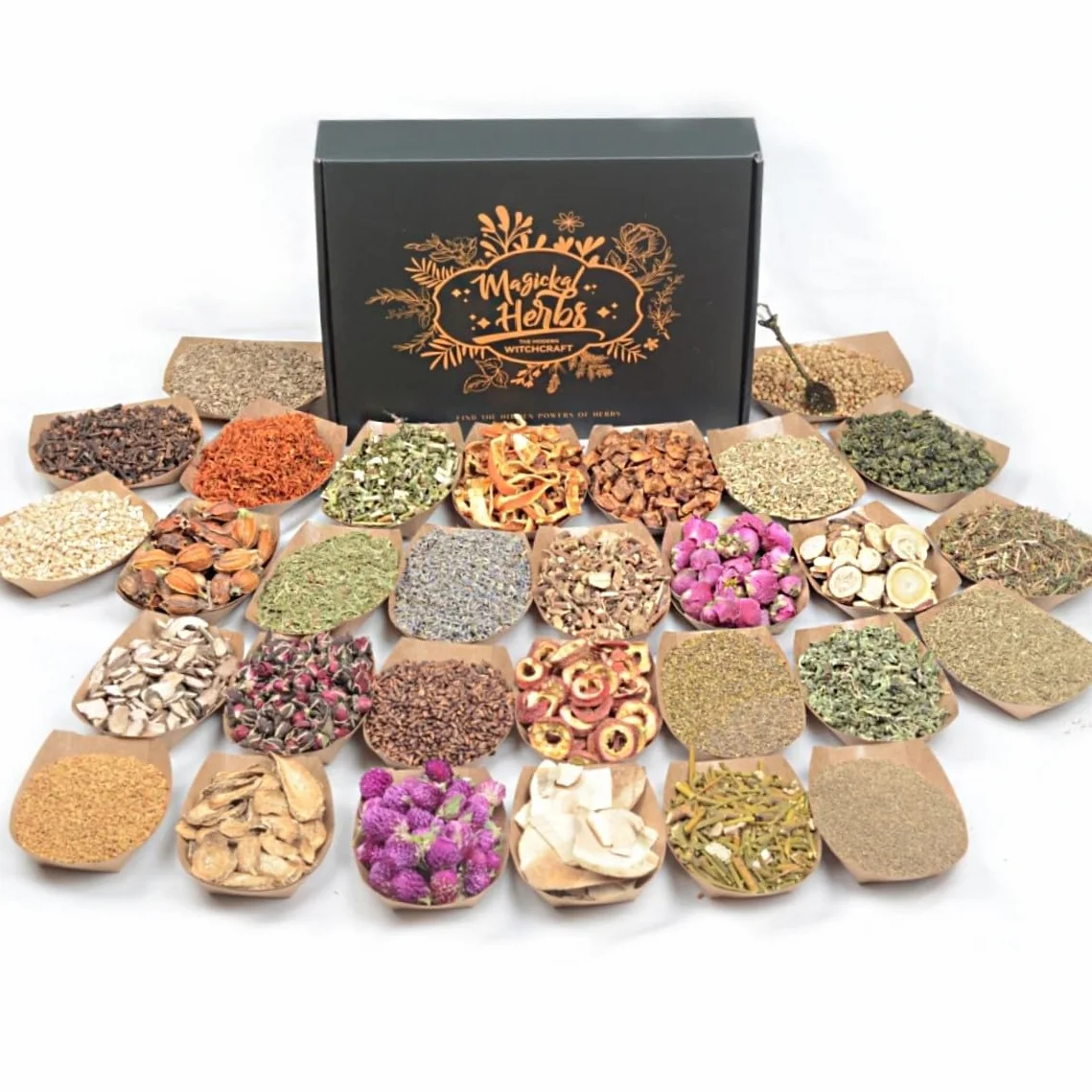 Magical Herbal Zestaw 30 suszonych ziół w torebkach z etykietami Kryształowe łyżki do rytuałów wicca, oczyszczania energii, zaklęć, duchowego uzdrawiania, tworzenia świec