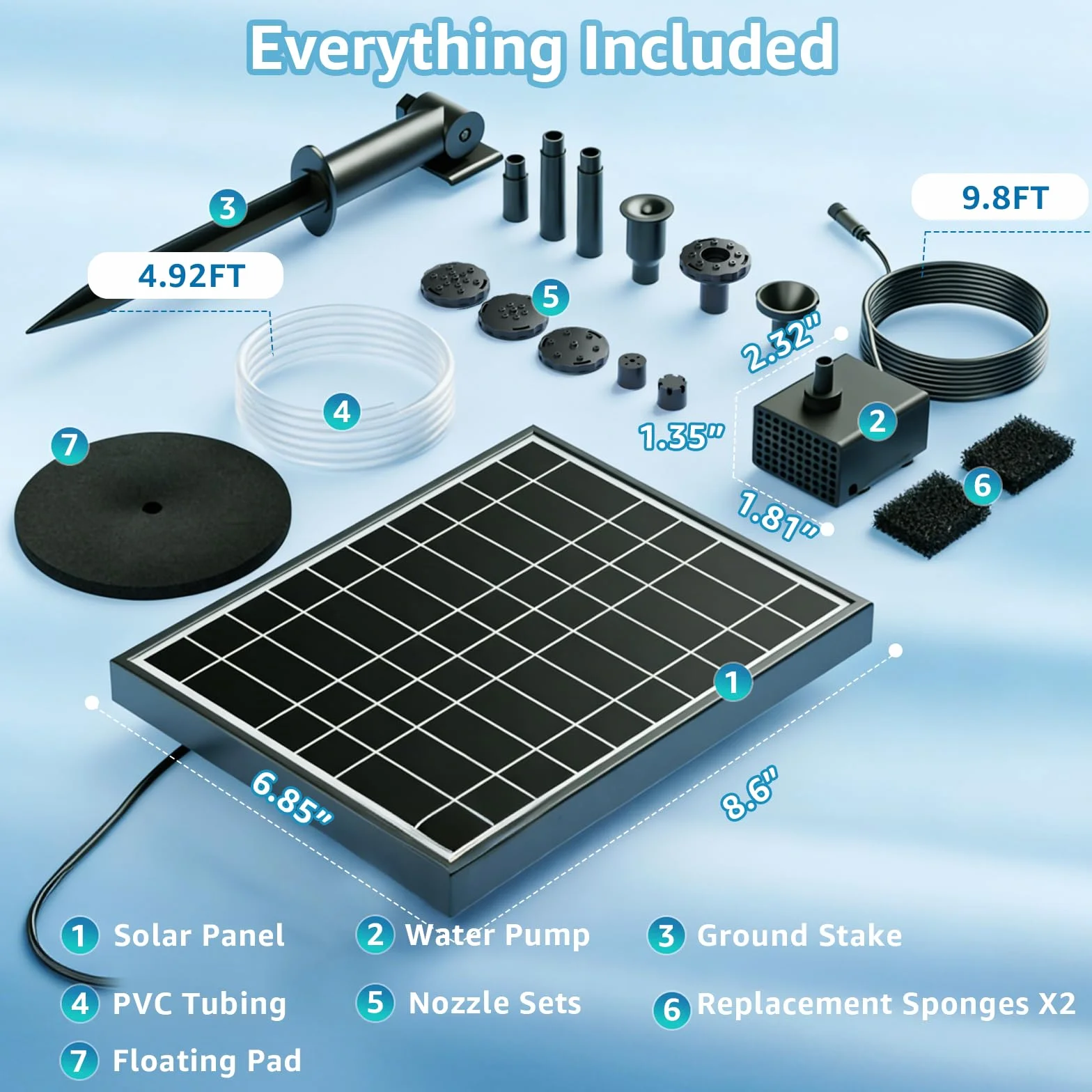 Solarna pompa do fontanny dla ptaków, 7,5 W, zewnętrzna pompa wodna z 7+ trybami natrysku i wężem 1,5 m, pompa solarna DIY do ogrodów, stawów, basenów i akwariów