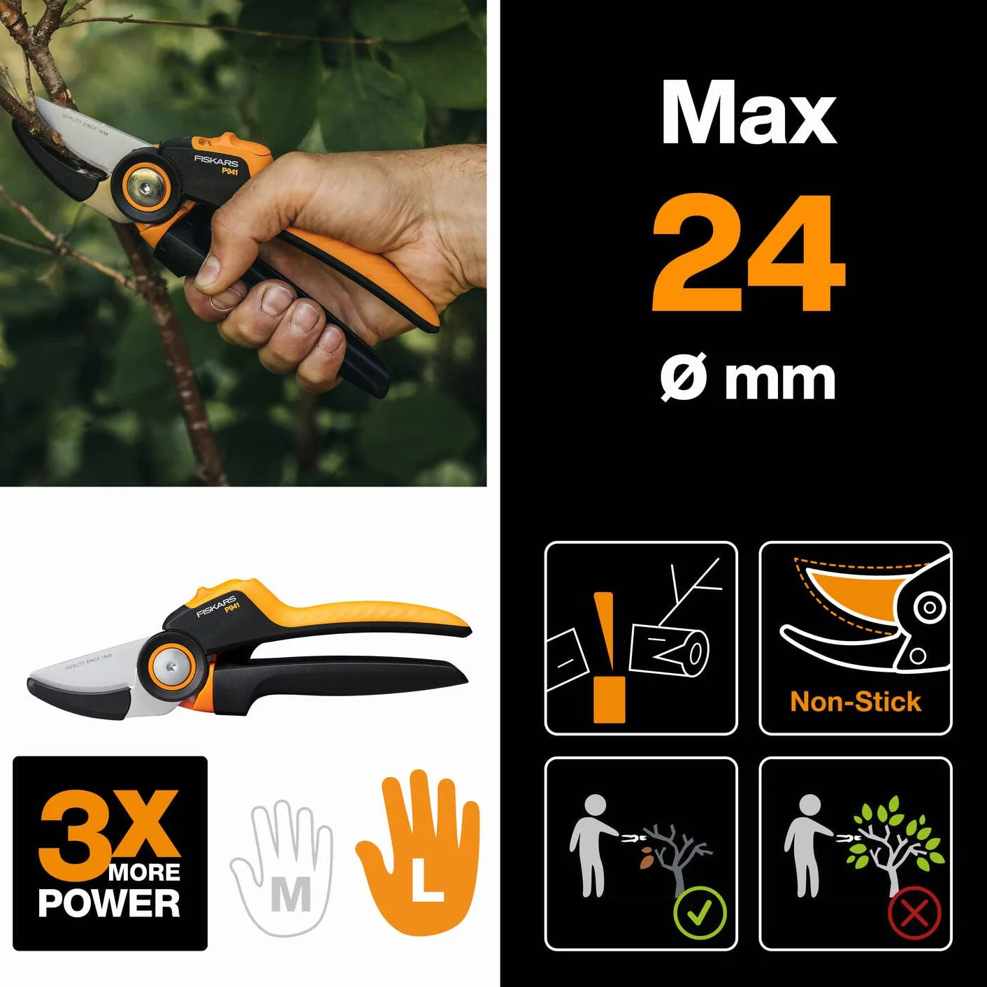 Fiskars Sekator kowadełkowy, X-series PowerGear, P941, Z uchwytem rolkowym, Do suchych gałęzi, Powłoka nieprzywierająca, Ostrza ze stali nierdzewnej, Długość: 22,2 cm, Czarny / pomarańczowy, 1057174