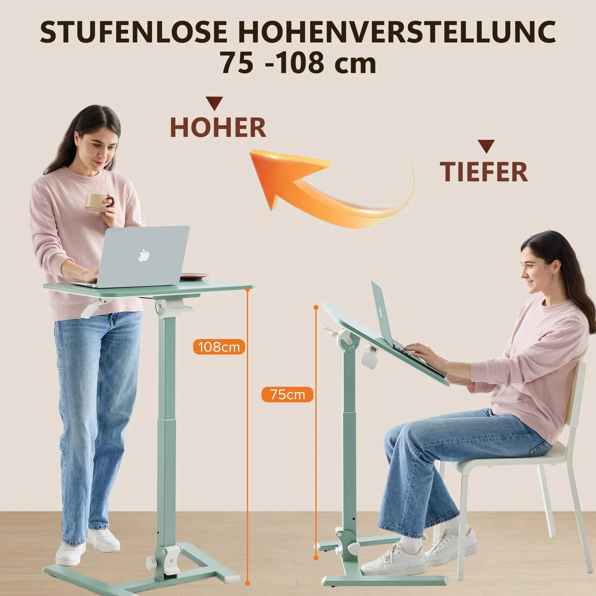 MUSSO AnyDesk D7 Przenośny stolik do łóżka, mobilne biurko z regulacją wysokości (75-108 cm), składany stojak 0-90°, ergonomiczny uchwyt do pracy, sofy i łóżka (zielony, 1 sztuka)