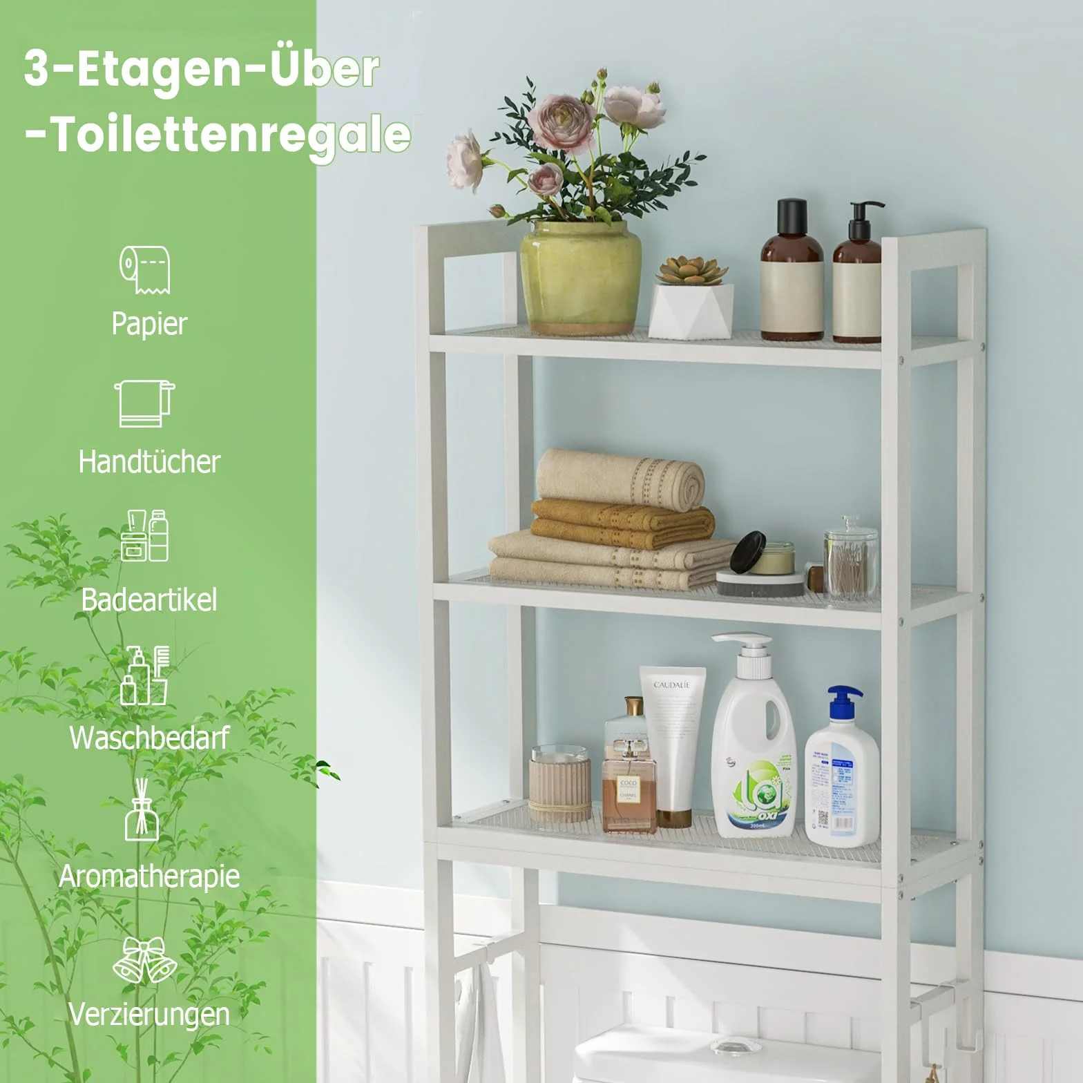 COSTWAY Regał toaletowy 170 cm, regał do WC z 3 półkami, metalowy regał do pralki, w zestawie 3 haczyki, z drążkiem poprzecznym z regulacją wysokości (biały)