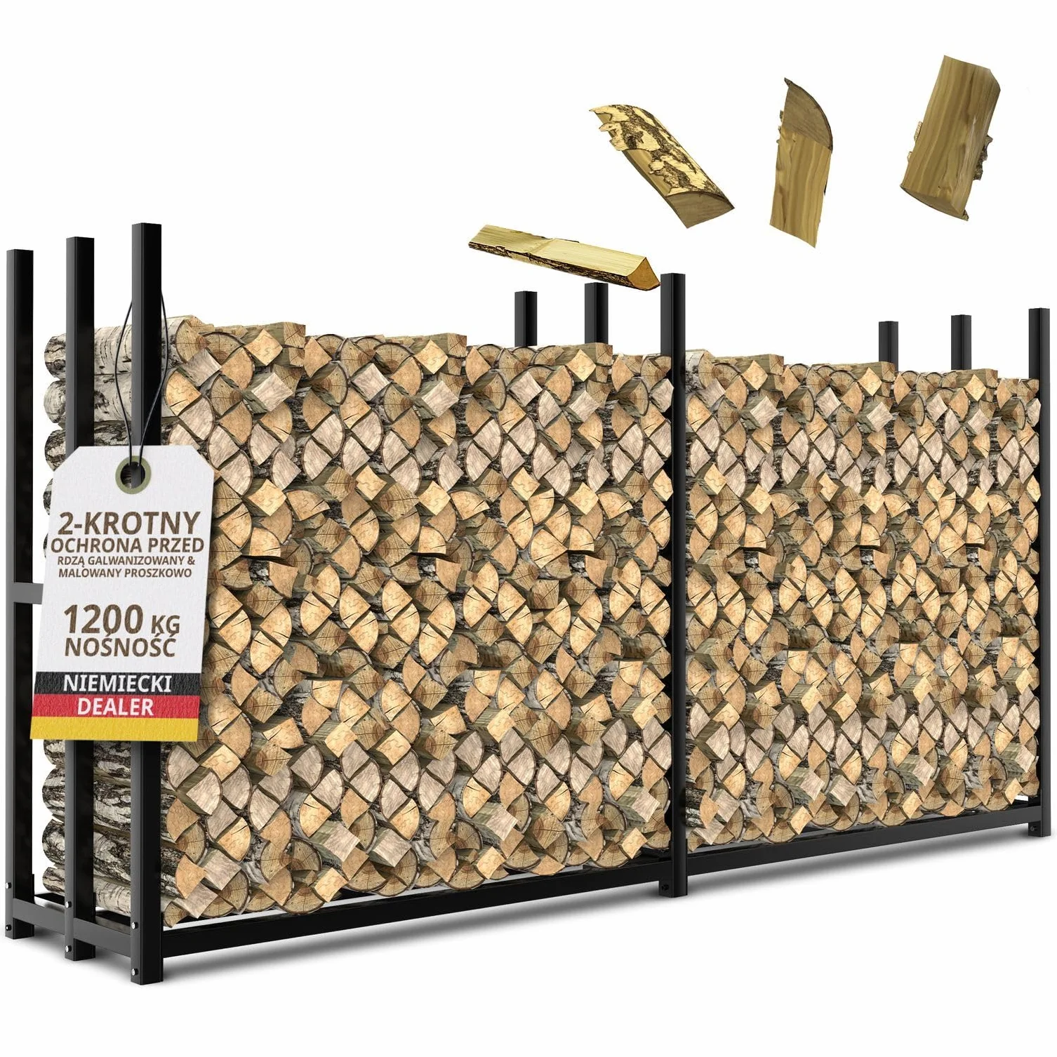 Metalowy regał na drewno kominkowe, 223 × 50 x 115 cm, ocynkowany, do użytku na zewnątrz, do układania drewna opałowego, ogrodu, tarasu, 25 cm, 33 cm, 50 cm, kolor czarny