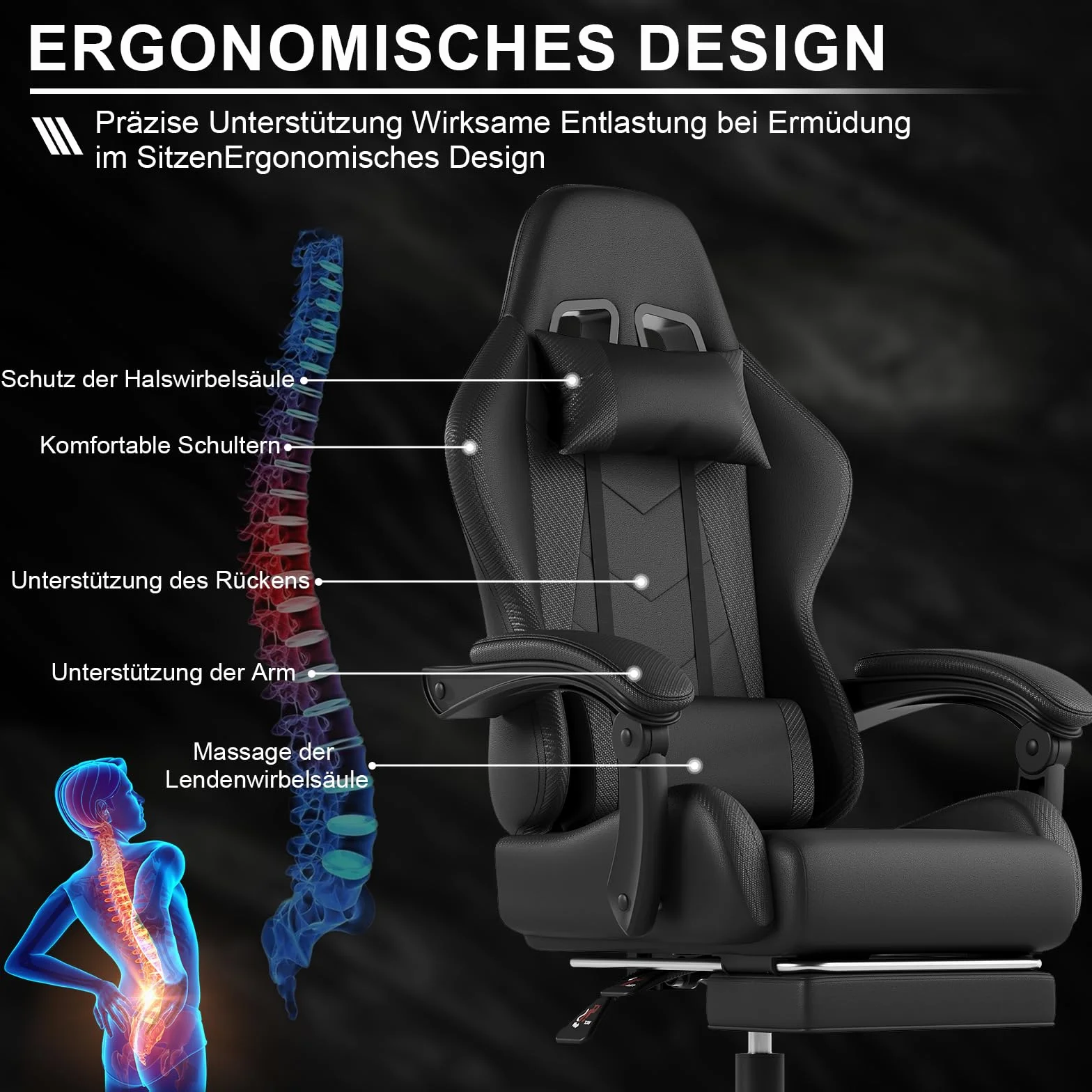 Devoko Fotel gamingowy, krzesło biurowe，Biurowe Krzesło Komputerowe z Podnóżkiem, Krzesło Gamingowe Wytrzymałe do 150kg, Oparcie Regulowane 90-135°, Ergonomiczne Krzesło PC, Obrotowe o 360°, Czarny