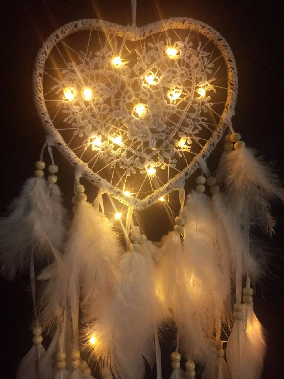 łapacz snów w stylu boho, w kształcie serca, ręcznie wykonany, lampa LED, ozdoba na ścianę, romantyczna dekoracja (kolor biały, z lampkami)
