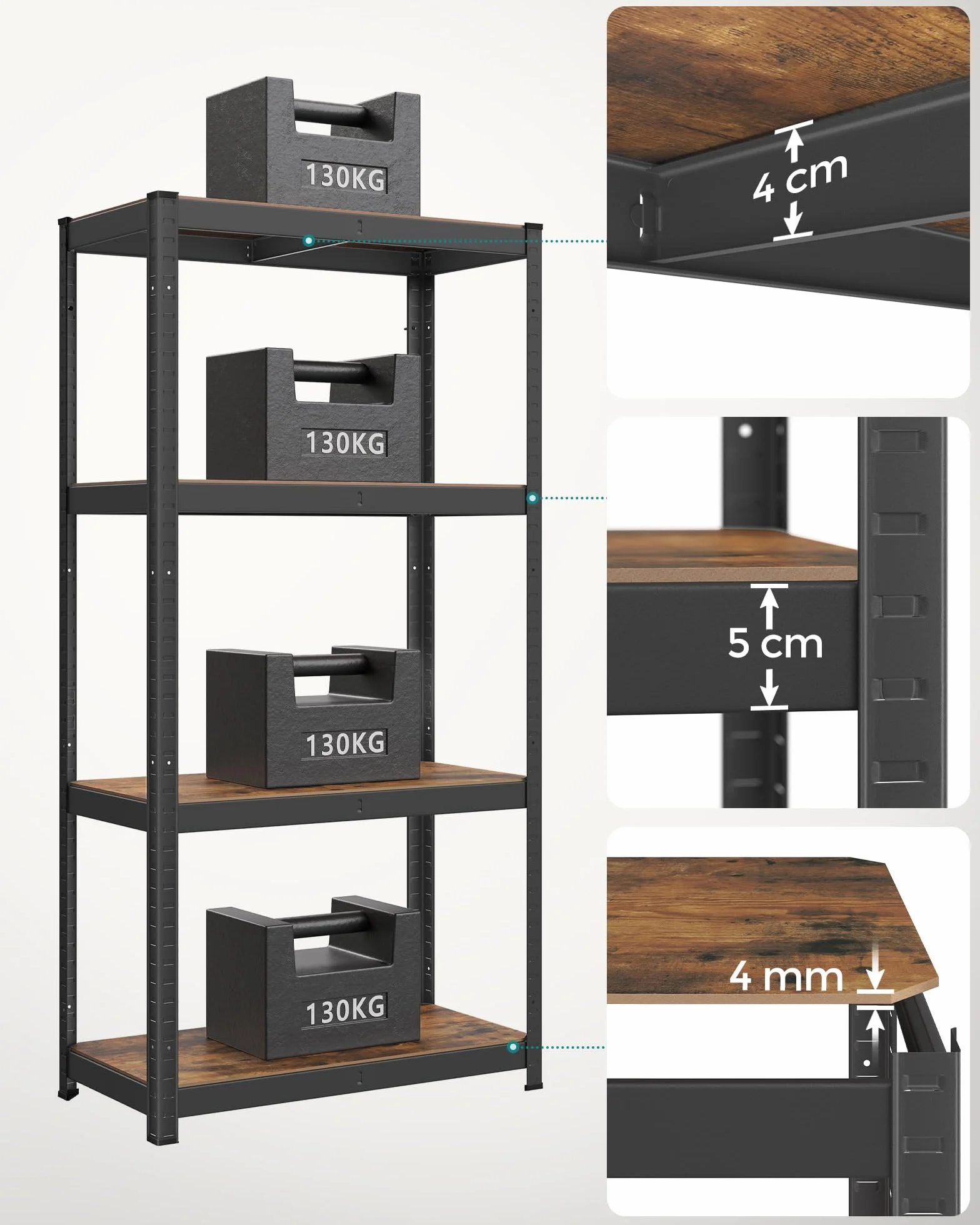 SONGMICS Regał 40 x 80 x 160 cm, nośność 520 kg (130 kg na półkę), przemysłowe, regulowane półki magazynowe, do salonu, kuchni, garażu, rustykalny brązowo-czarny GLR044B11