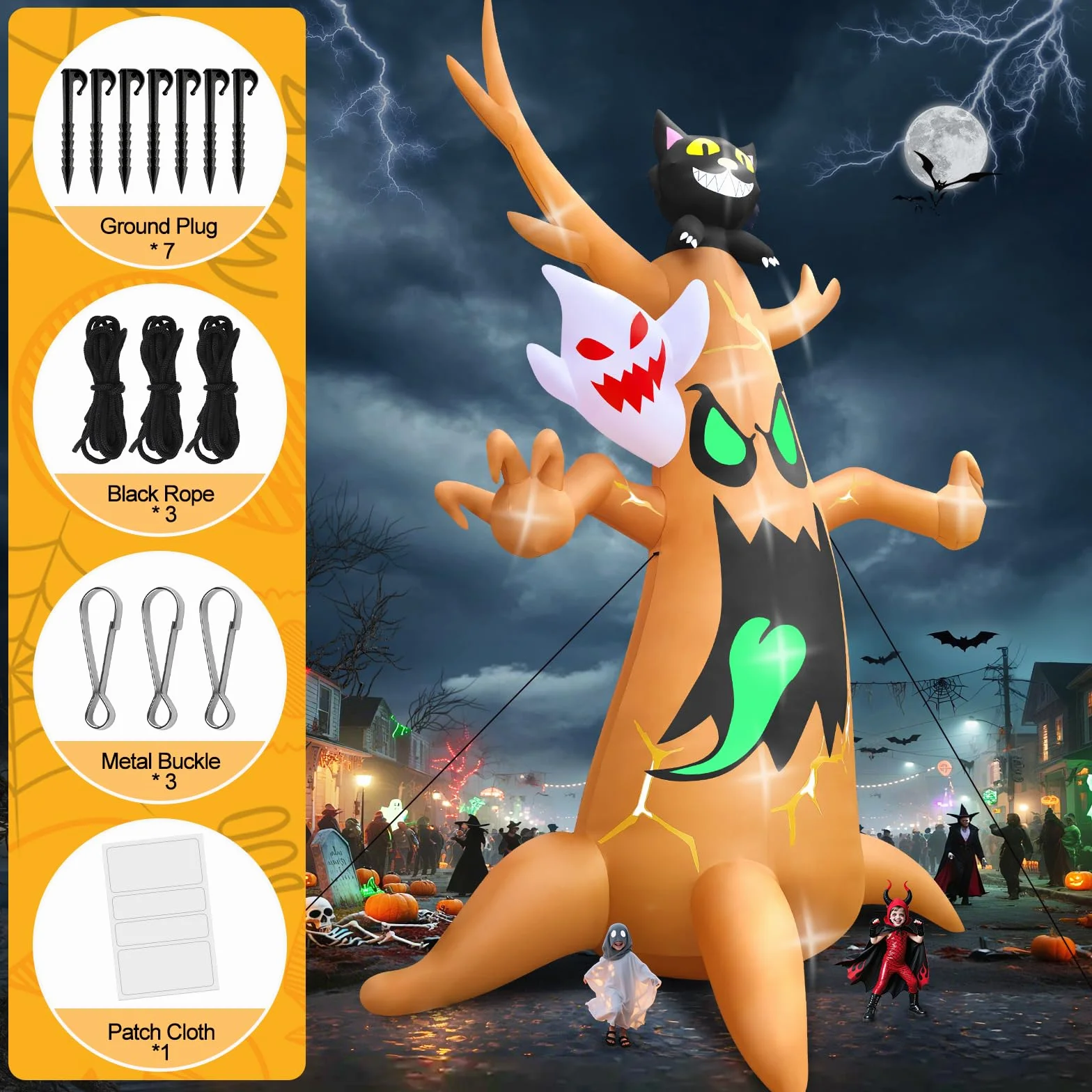 Nadmuchiwane drzewo na Halloween, Kalolary duże Halloween nadmuchiwane drzewo duchów wysadzane dekoracje zewnętrzne czarny kot wakacje podwórko trawnik nadmuchiwane dekoracje do centrum handlowego
