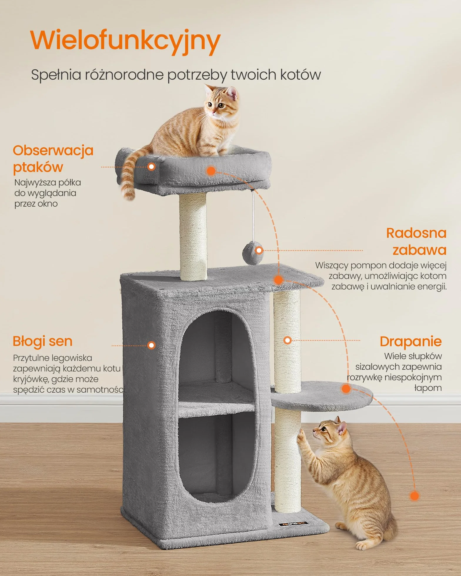 Feandrea Cat Tree, Drapak dla kota z 2 jaskiniami, słupki do drapania, dla gospodarstw domowych z wieloma kotami, kocięta, jasnoszary PCT005G01