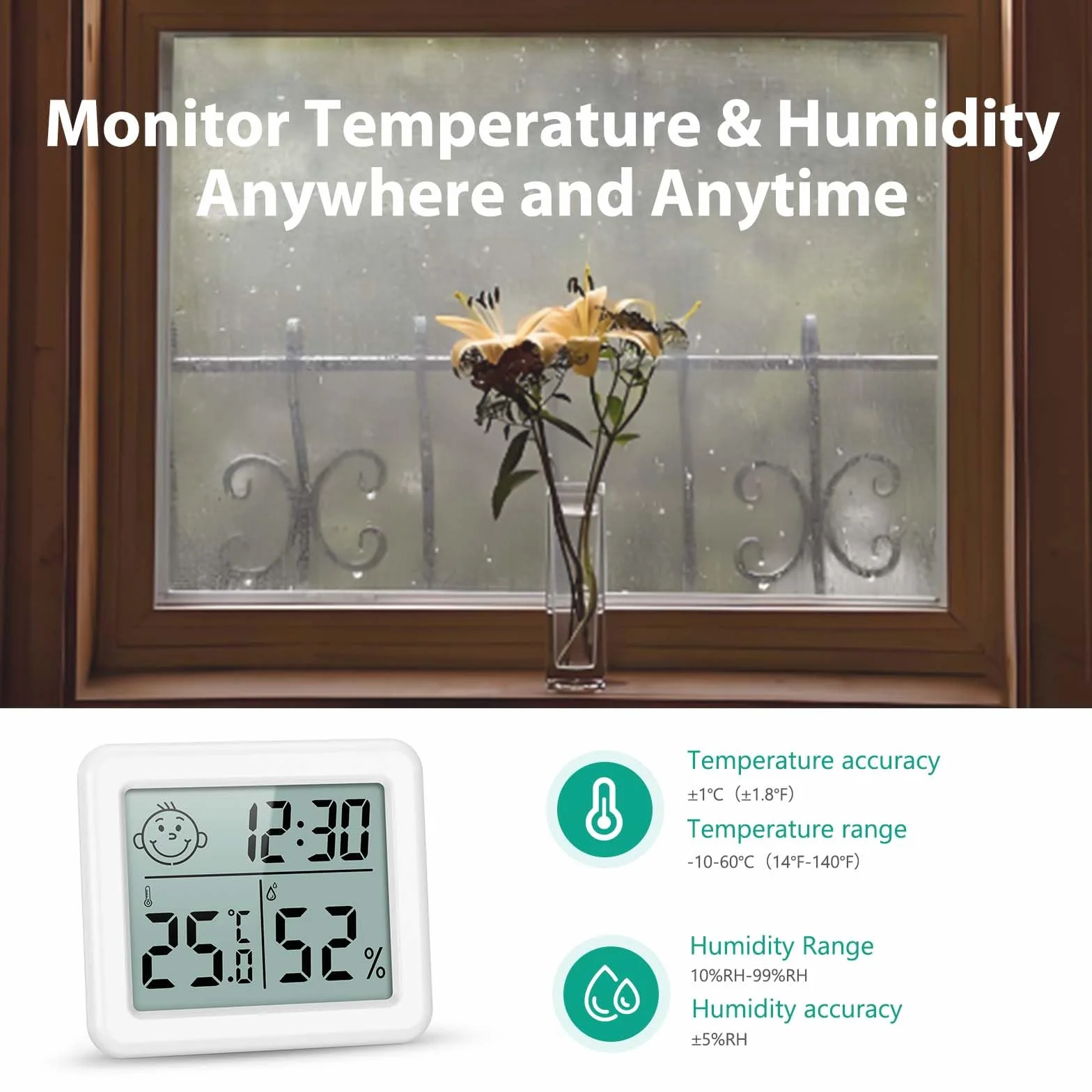 ORIA Cyfrowy termometr, higrometr, mini wewnętrzny miernik wilgotności powietrza, monitor temperatury, wyświetlacz godziny, komfort powietrza, °C/°F, termometr pokojowy do hotelu, biura, domu