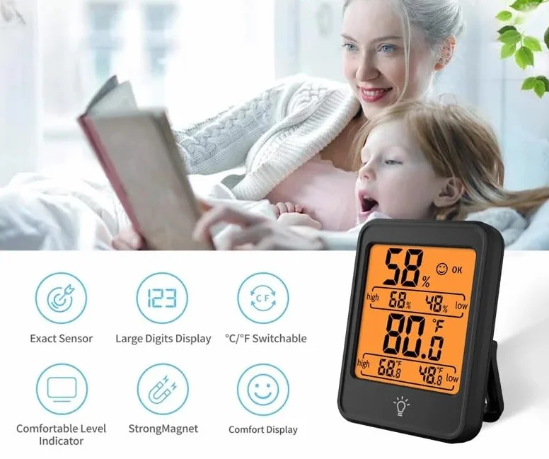 Cyfrowy termohigrometr z dużym ekranem LCD, wewnętrzny termometr z higrometrem, czarny