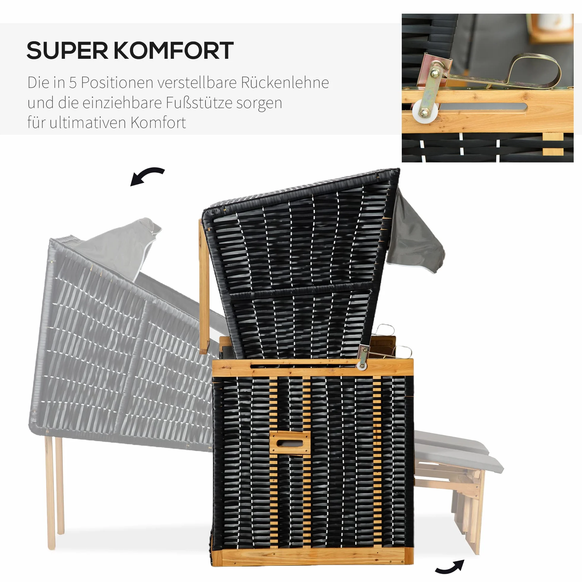 Outsunny kosz plażowy z podnóżkiem i stołem składanym pełna pozycja leżąca leżak ogrodowy z uchwytami na napoje rattan PE kolor jasnoszary 118 x 79 x 150 cm
