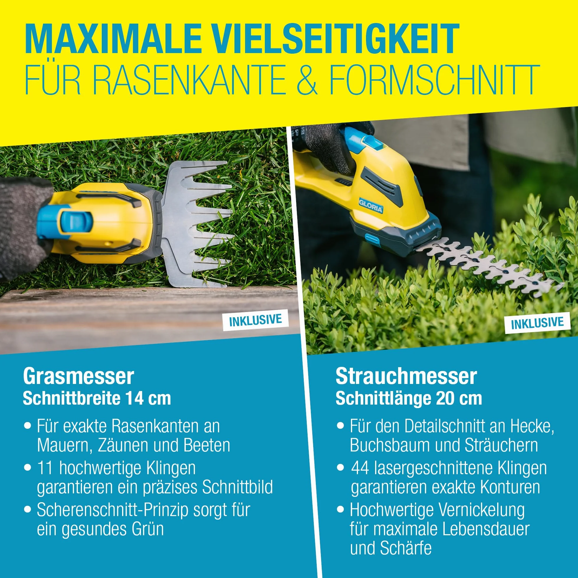 GLORIA FineCut 18 V compact akumulatorowe nożyce do trawy i krzewów, 14 cm XL nóż do trawy i krzewów 20 cm, wymiana noży bez użycia narzędzi, kompatybilne z akumulatorem Bosch 18 V Power for All