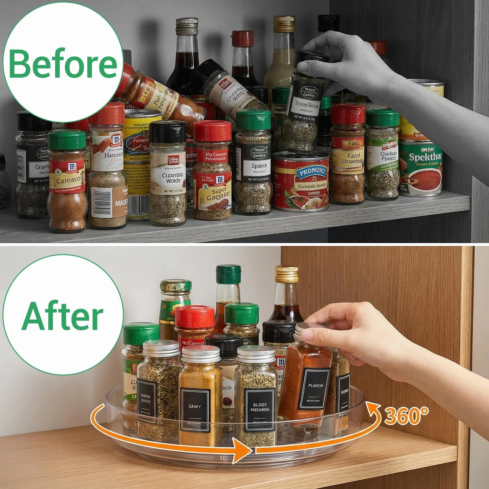 Lazy Susan organizer na talerz obrotowy, 25,4 cm, 1 sztuka, talerz obrotowy 360°, z 5 samoprzylepnymi haczykami, przezroczysty talerz obrotowy do toaletki, przypraw, łazienki