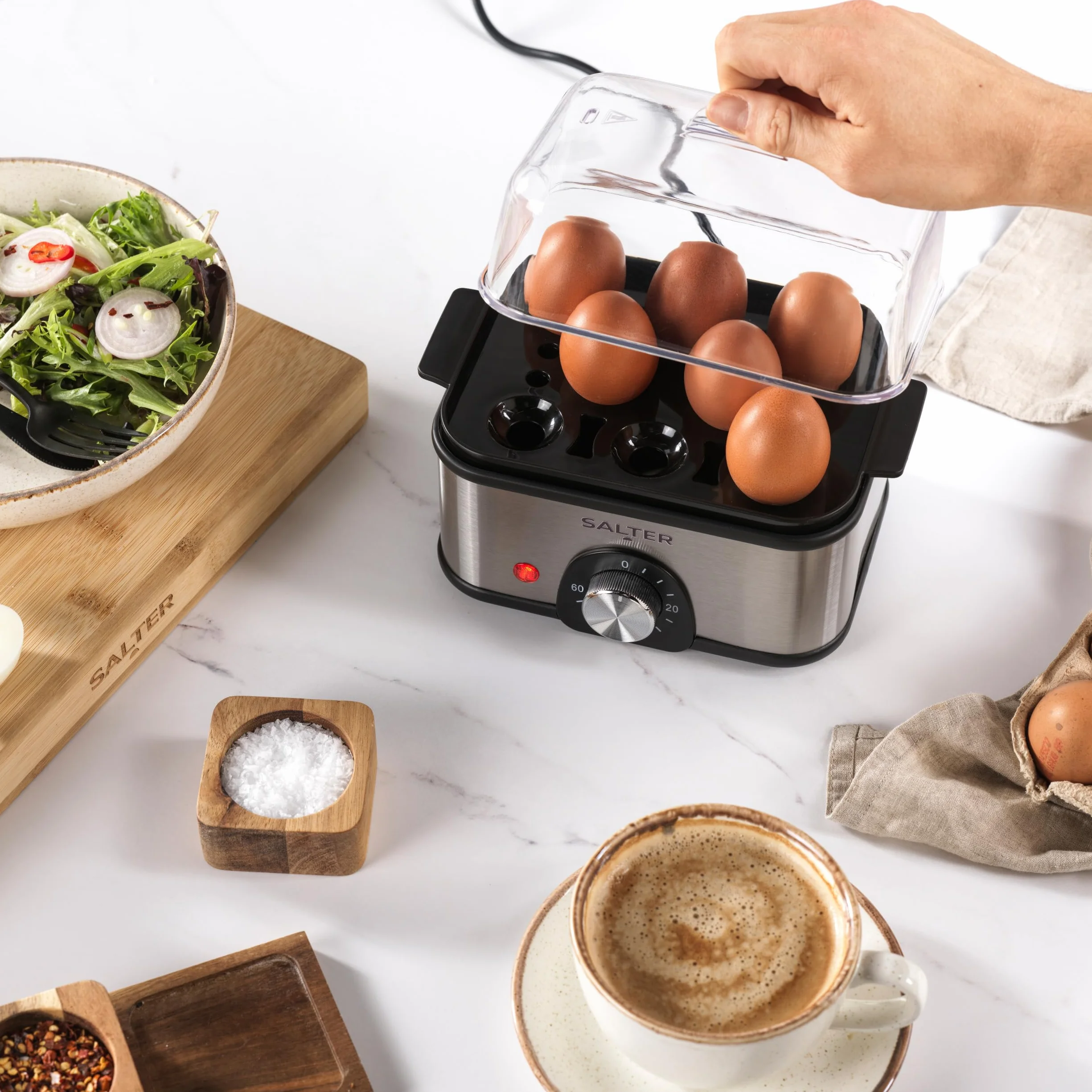 Parowar 3-poziomowy Salter – kompaktowy multicooker, 3 kosze do gotowania na parze, elektryczny jajowar, pojemność na 8 jajek, timer do 60 minut, pojemność 3L, moc 500W