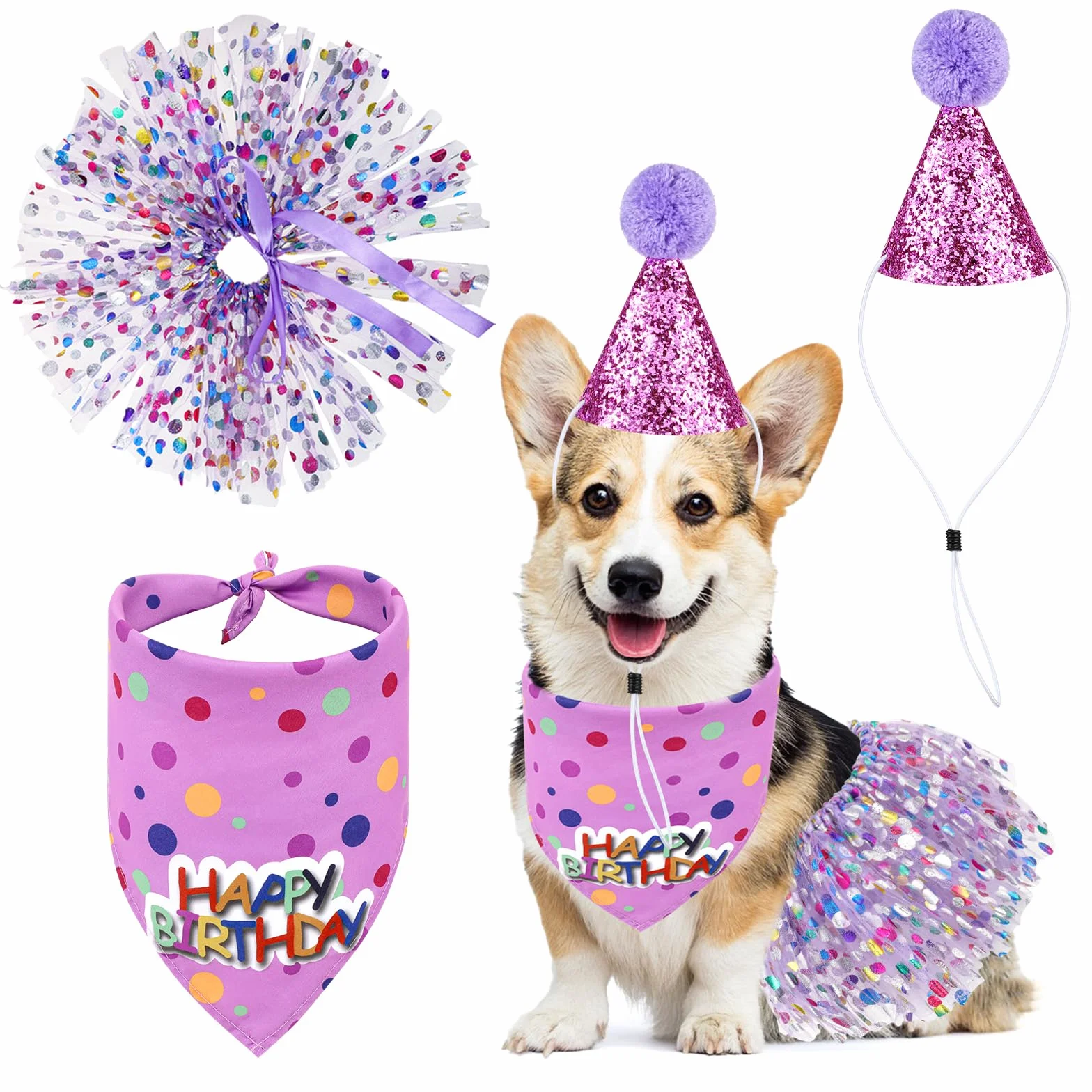 Dekoracje urodzinowe dla psa, bandana z brokatowym kapeluszem i sukienką, zestaw dla dziewczynki, mini czapki imprezowe, urocza spódnica tutu, kostium dla małych, średnich i dużych psów, kotów