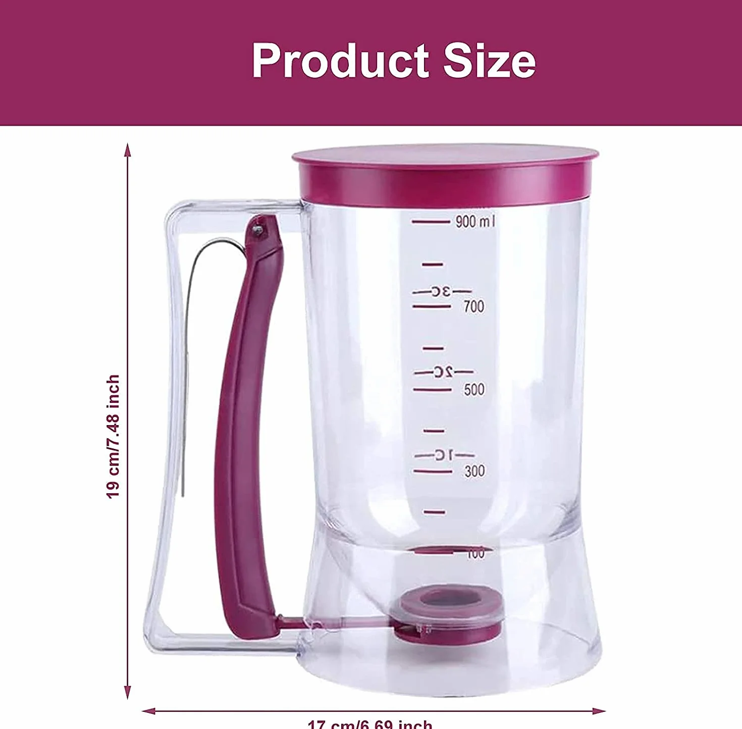 Dozownik do ciasta z pokrywką i skalą, do samodzielnego pieczenia ciasta, do ciast, naleśników, muffinek, 900 ml