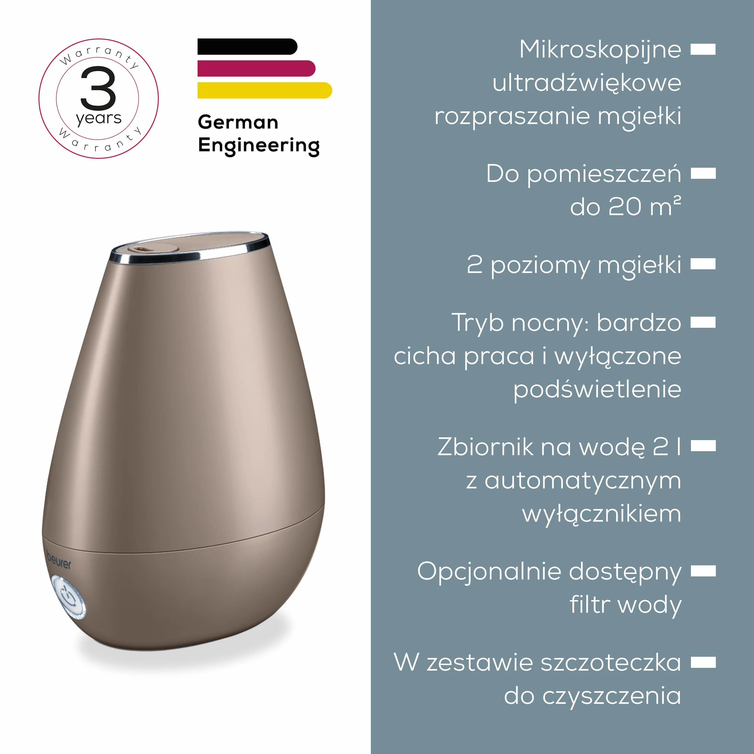 Beurer LB 37 Nawilżacz powietrza z ultradźwiękowym rozpraszaczem, w tym zintegrowany dyfuzor aromatów, nawilżacz z cichym trybem nocnym do sypialni, zbiornik 2L do pomieszczeń do 20 m², toffee