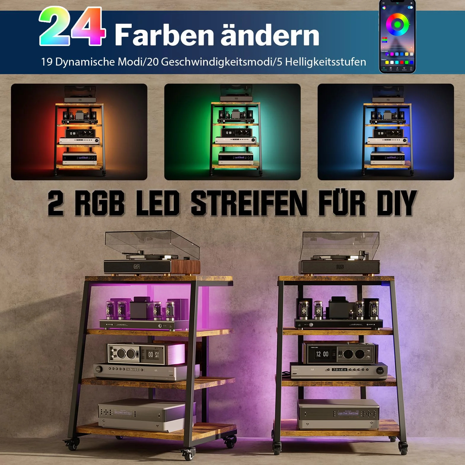 4-poziomowy stojak HiFi | z listwami zasilającymi i regulowaną półką | 4 obrotowe kółka i 2 lampy LED (sterowanie APP) | 60 x 51 x 85 cm stół na gramofon stojak na media regał HiFi z drewna i stali