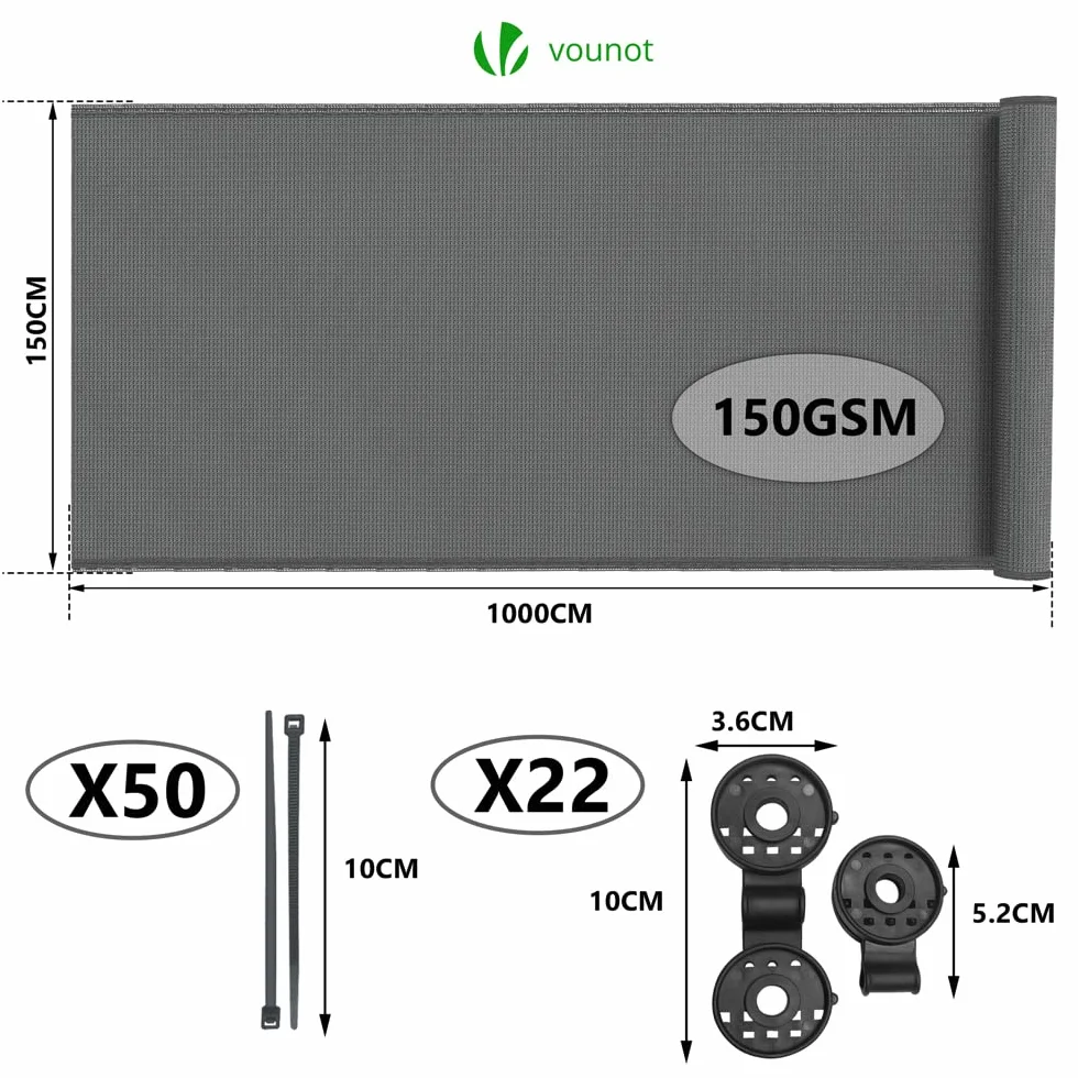 VOUNOT Siatka maskująca 1,5 × 10 m, siatka zacieniająca HDPE, 150 g/m², 85% zacienienia, odporna na promieniowanie UV, odporna na rozdarcie ogrodzenie z otworami i opaskami kablowymi, szara