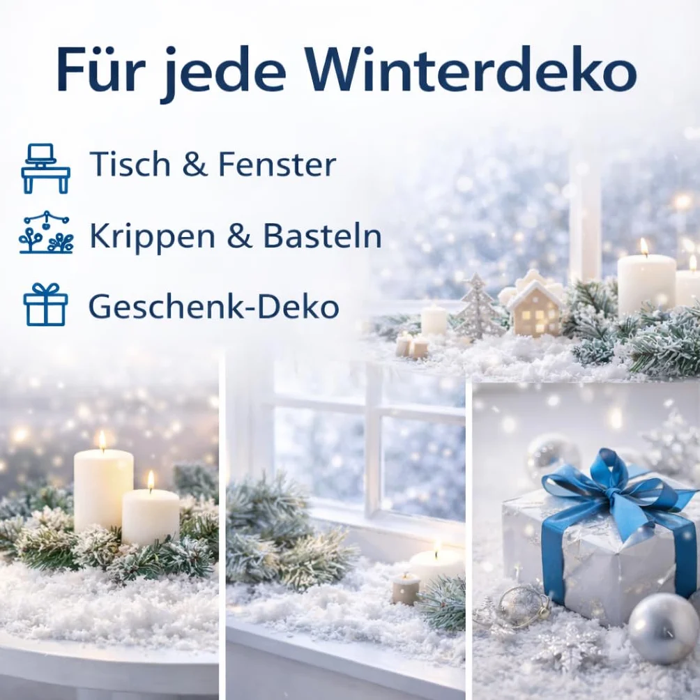MERRYXMAS Sztuczny śnieg – łudząco prawdziwy – puszysty i błyszczący śnieg do dekoracji na Boże Narodzenie – dekoracyjny śnieg