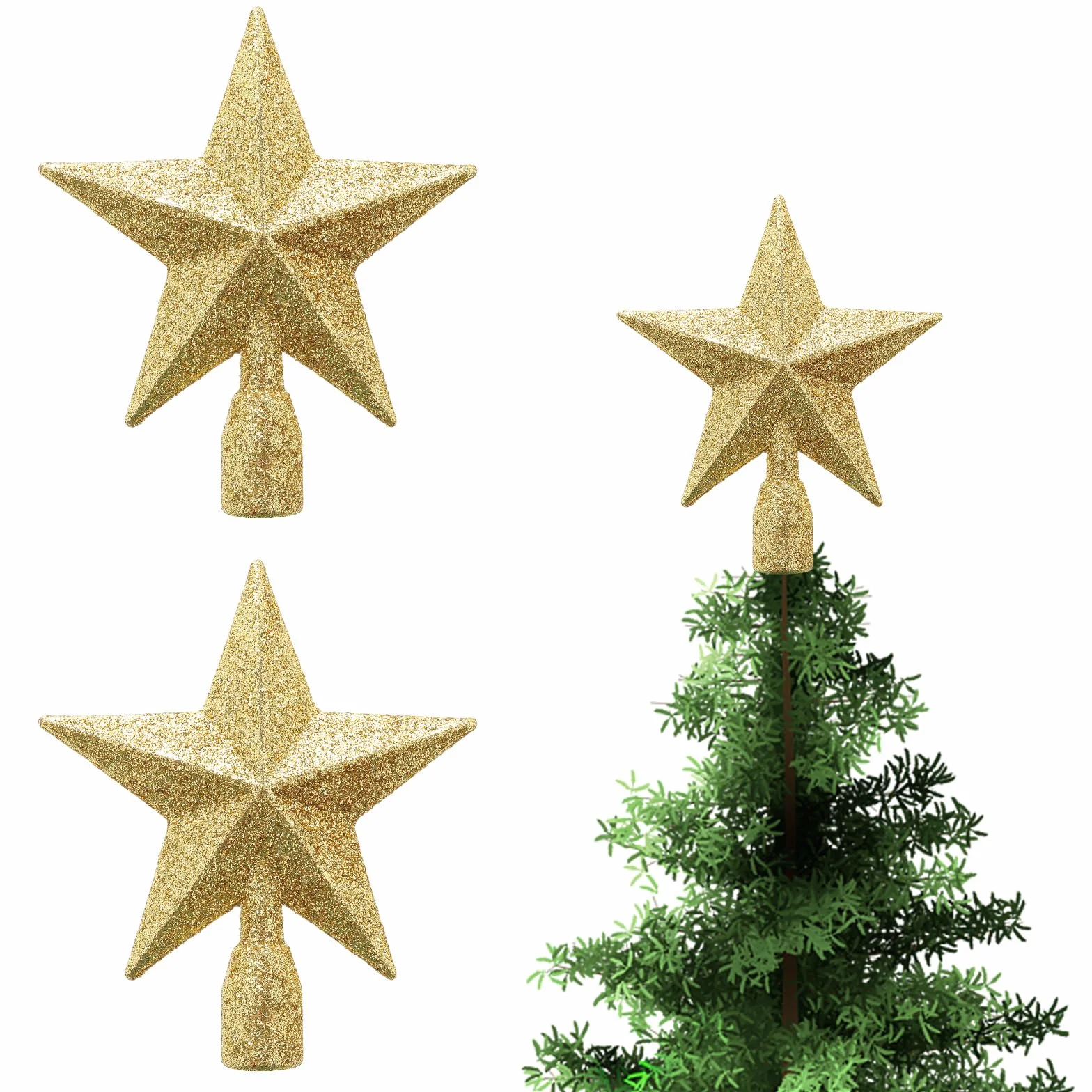 WLLHYF 2-pak brokatowa mini gwiazda 10 cm czubek choinki dekoracyjne święta małe wierzchołki choinki plastikowe ozdoby na Boże Narodzenie dekoracja domu przyjęcie urodzinowe (złoty, czerwony)