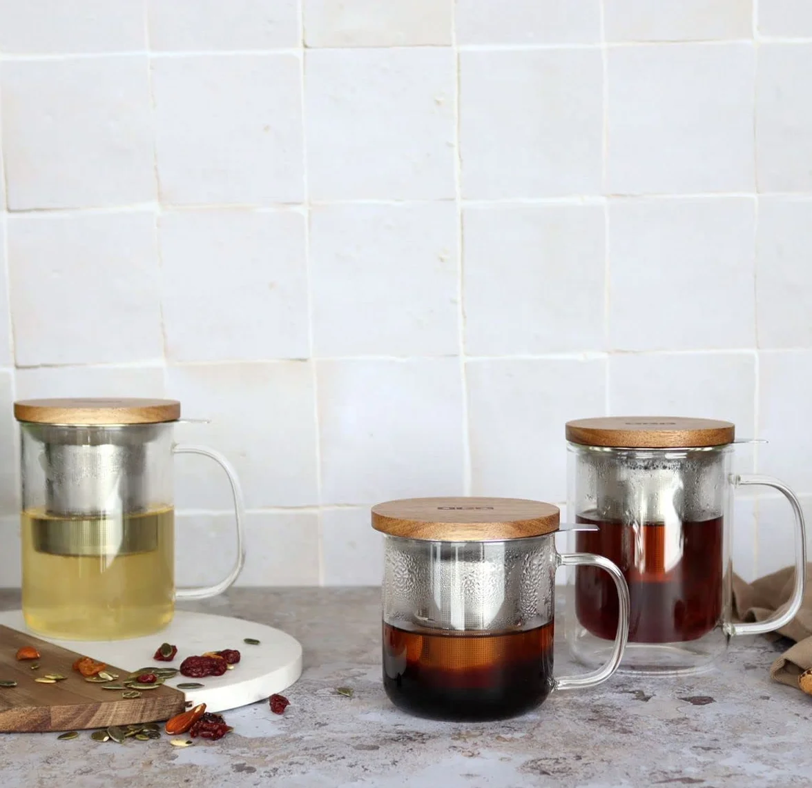 OGO LIVING - Szklany Kubek Do Herbaty Ziołowej 300ml - 7912103 - Idealny Do Naparów i Rooibos - Z Pokrywką z Drewna Akacjowego