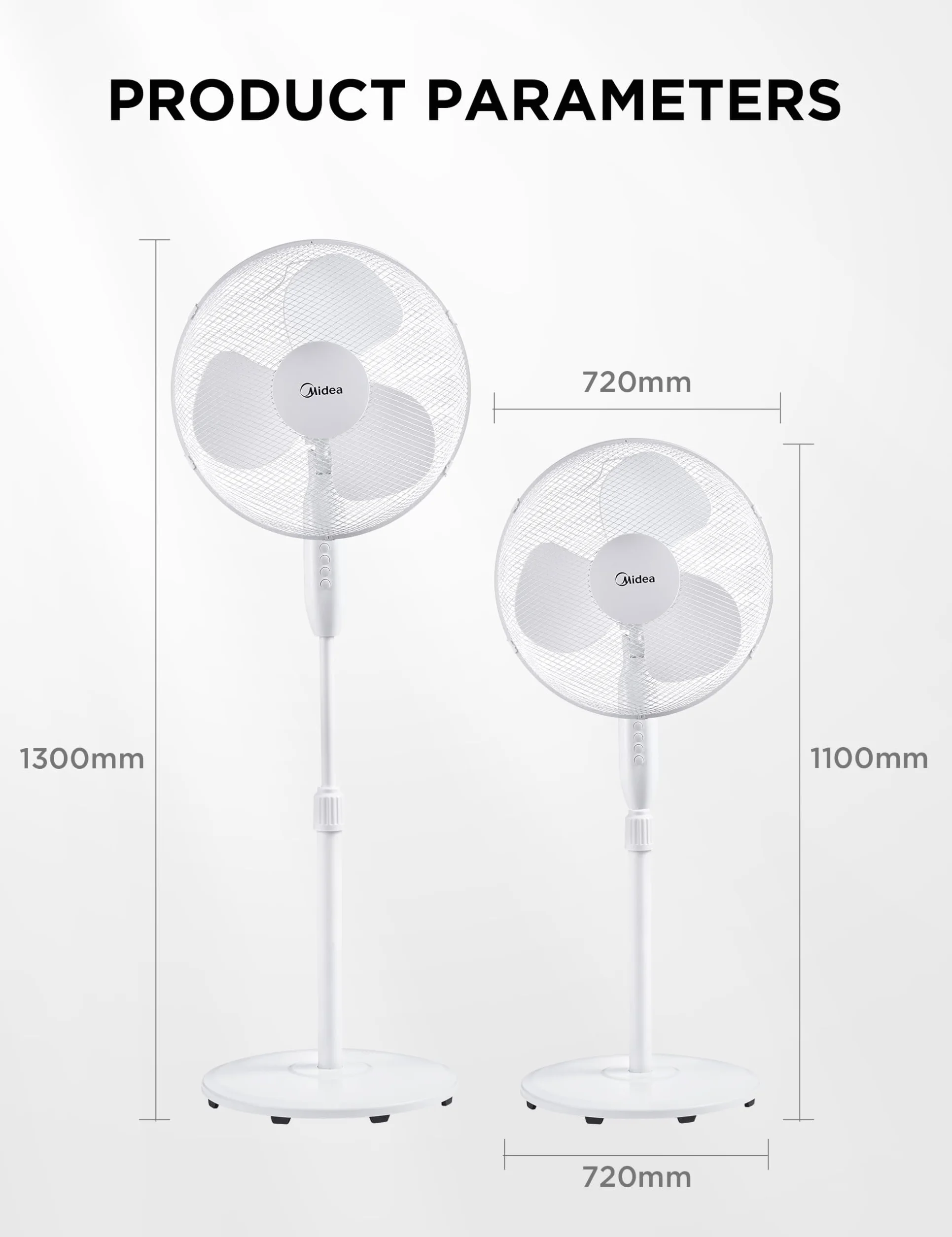 Midea FS40-16JA wentylator stojący, duża siła wiatru, duża objętość powietrza, moc 40 W, cicha praca 55 dB-65 dB, regulacja wysokości: do 130 mm, regulacja trzech prędkości