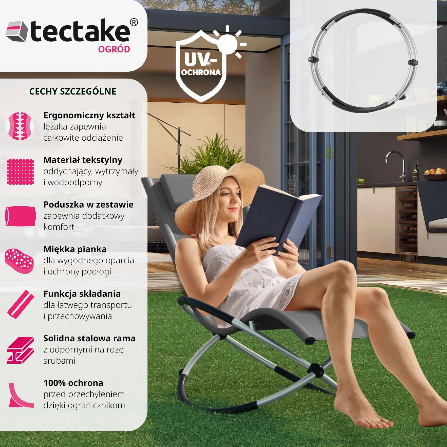 tectake® Ogrodowy Fotel Bujany, Ergonomiczny Składany Leżak z Oddychającym Materiałem Textilene i Zdejmowaną Poduszką, Solidna Stalowa Rama, Ochrona przed Wywróceniem (Szary)
