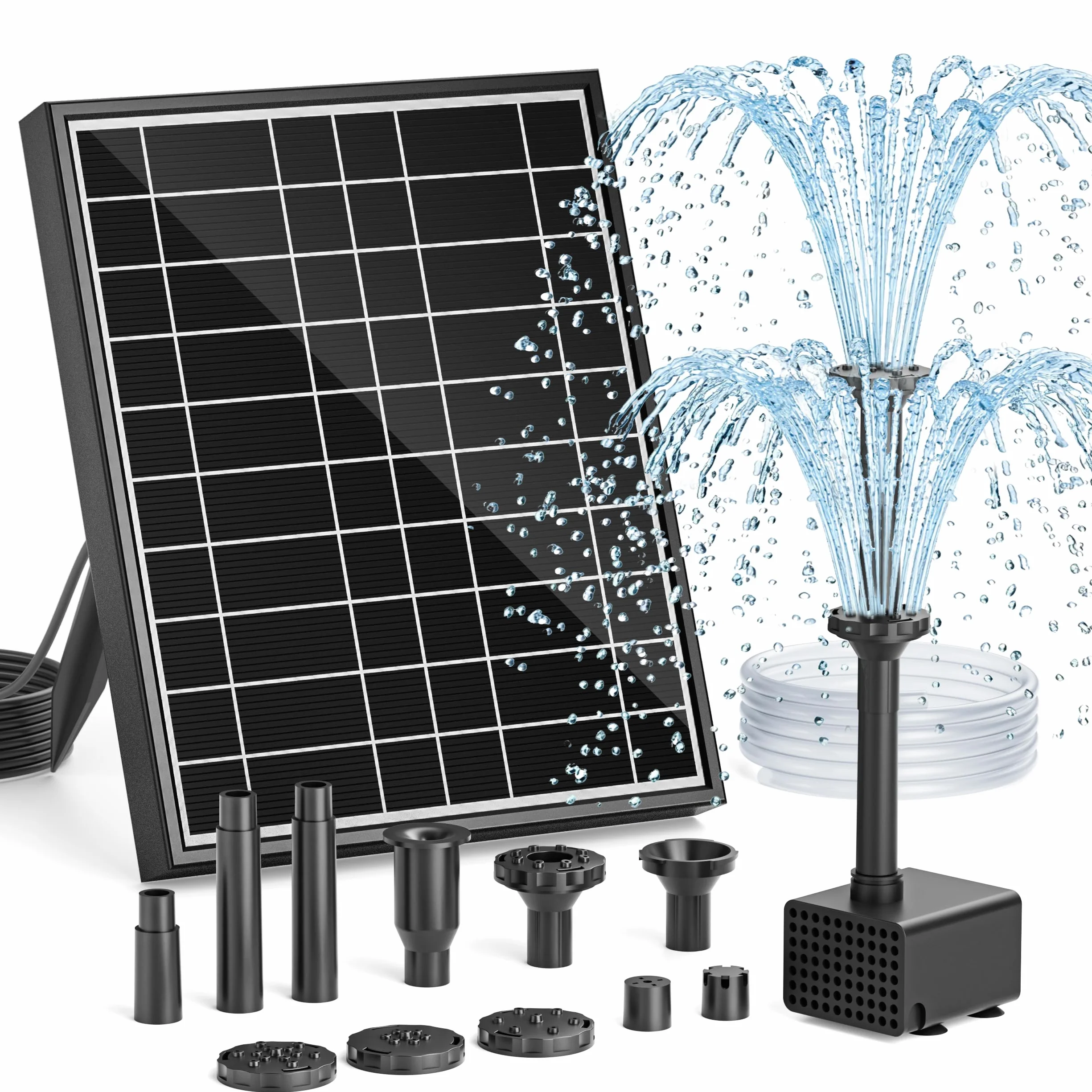 Solarna pompa do fontanny dla ptaków, 7,5 W, zewnętrzna pompa wodna z 7+ trybami natrysku i wężem 1,5 m, pompa solarna DIY do ogrodów, stawów, basenów i akwariów