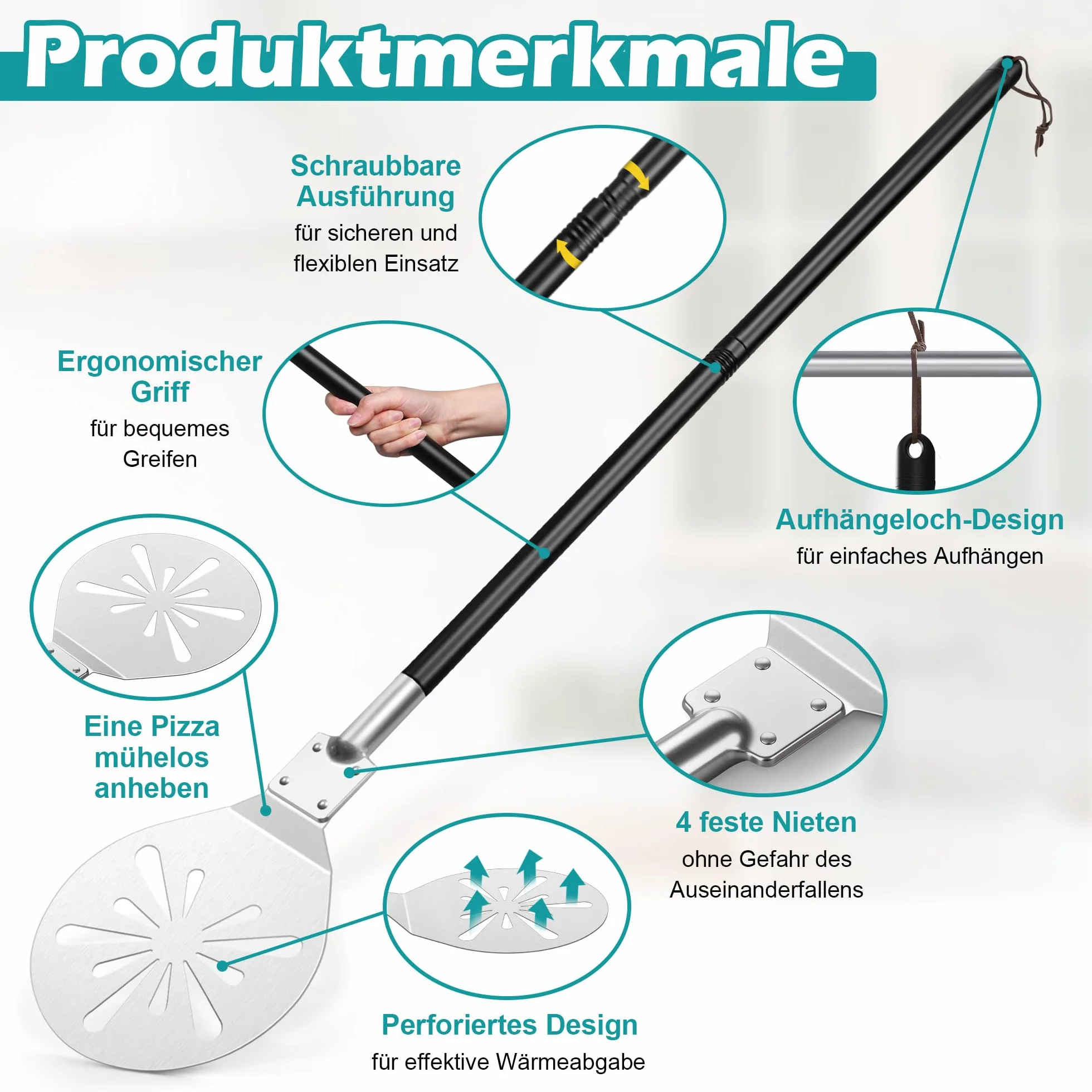 Onader Perforowana łopatka do pizzy, ze stali nierdzewnej, okrągła łopatka do pizzy, ze zdejmowanym metalowym uchwytem, do pizzy, chleba, ciasta, zdrowa i łatwa do czyszczenia – 17,8 x 30,7 x 112,5 cm