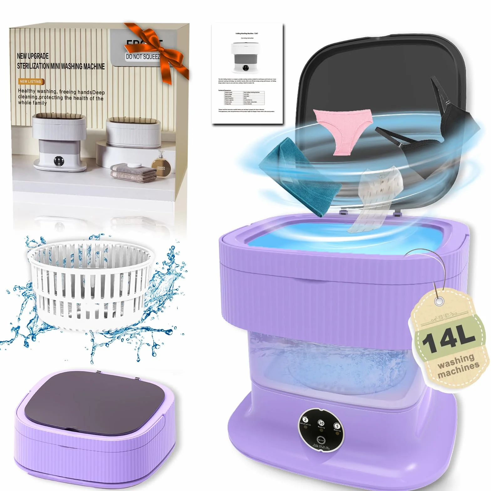 Mini pralka, 14 l, 2 w 1, pralka kempingowa, mini pralka z wirowaniem, mała, pojedyncza pralka, do bielizny, odzieży dla niemowląt, mieszkania, sypialni, hotelu, fioletowa