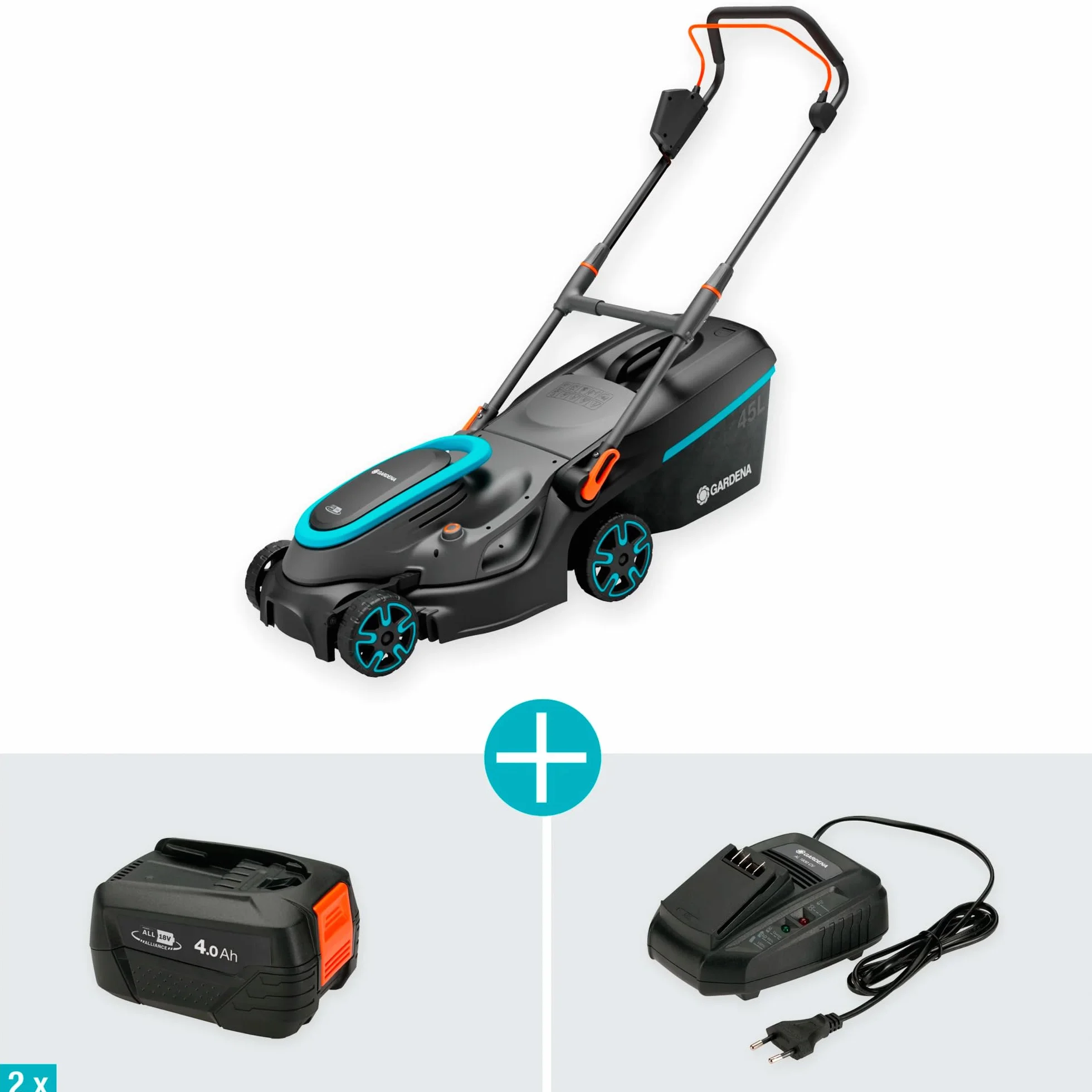 Gardena kosiarka akumulatorowa PowerMax 37/36V P4A gotowy zestaw: Kosiarka do 350 m², szer. cięcia 37 cm, obj. 45 l, centr. regul. wys. cięcia, silnik PowerPlus z trybem Eco (14638-20)