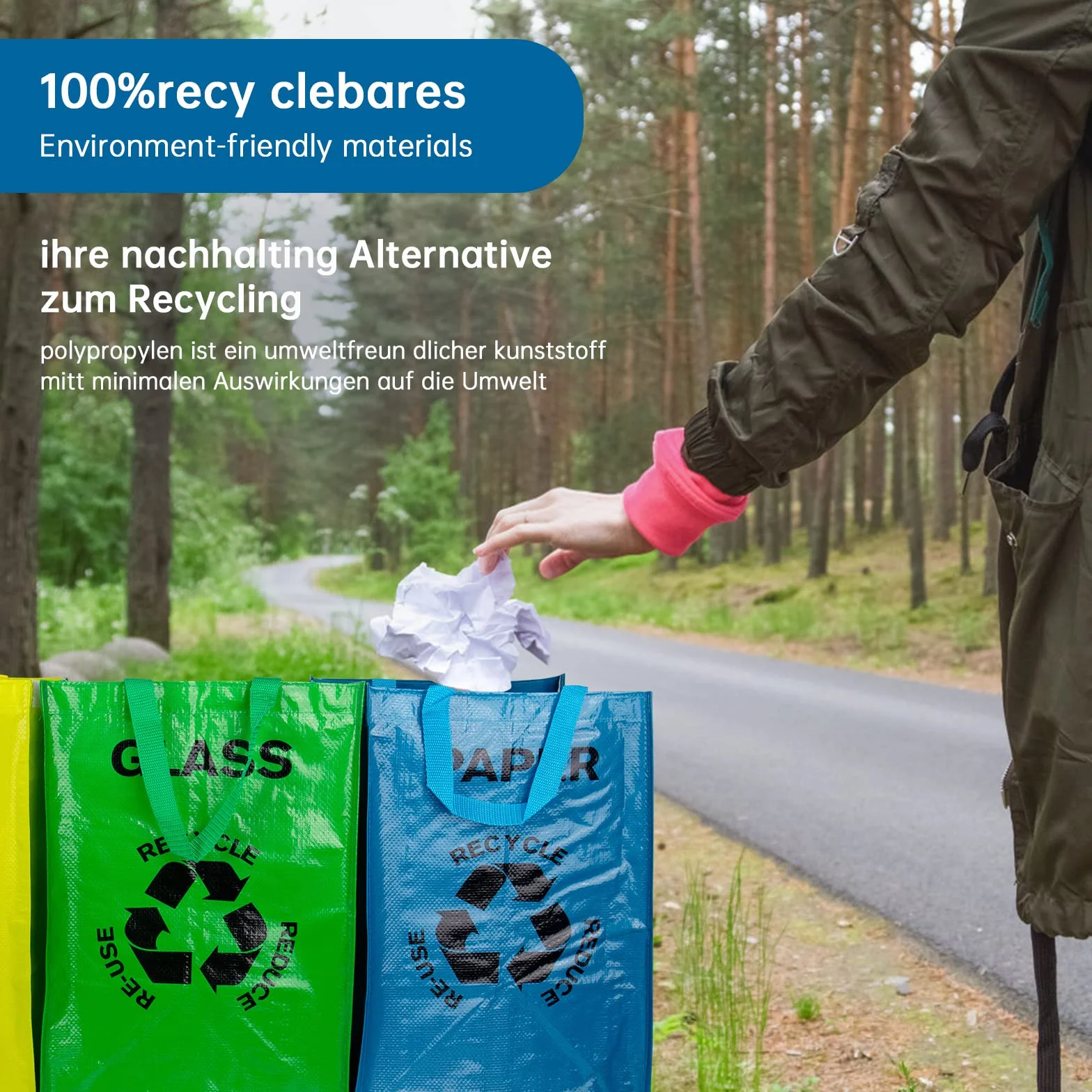 System segregacji śmieci, 3-pak, worki do recyklingu, pojemniki do recyklingu, 40 l, duży pojemnik do przechowywania odpadów w kuchni, na szkło, plastik i papier