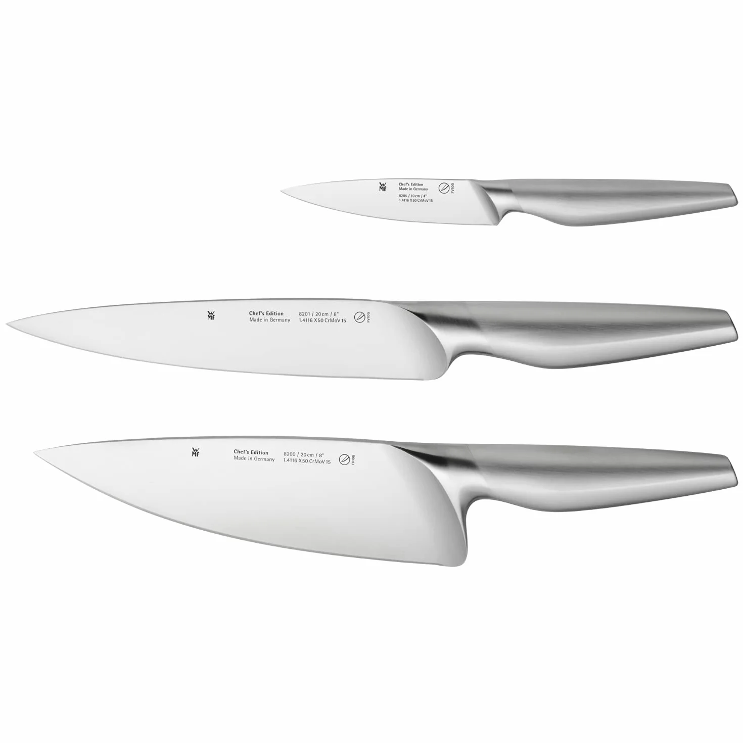 WMF Chef's Edition 3-częściowy zestaw noży, Made in Germany, 3 kute noże, noże kuchenne, nóż szefa kuchni, nóż do mięsa, nóż do szpikulca, Performance Cut, specjalna stal ostrza, drewniane pudełko