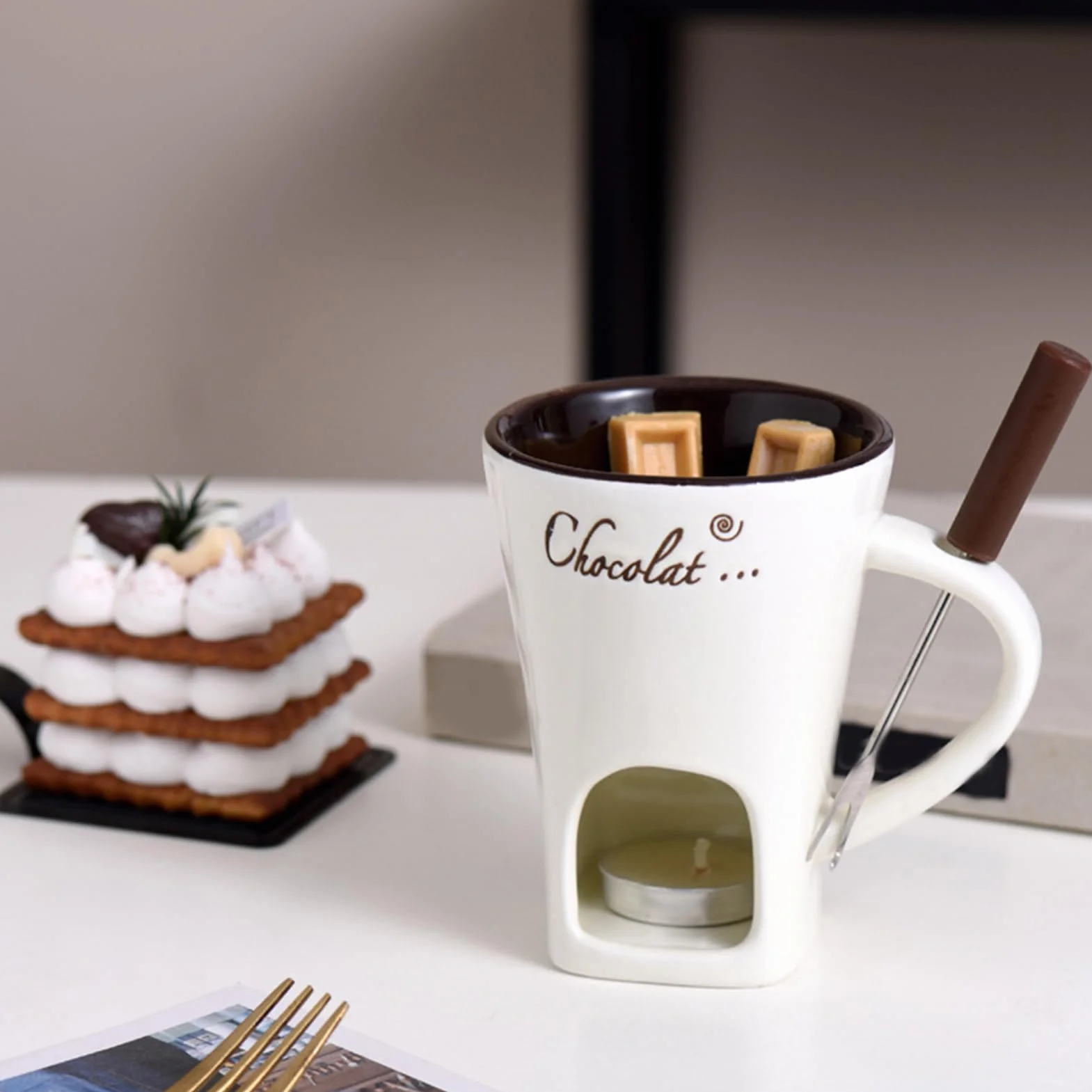 Kubek do fondue | Odporny na wysokie temperatury, przenośny, nieprzywierający, z widelcem, zestaw kubków do fondue, do zanurzania masła, deseru, napoju, kolacji, ślubu, urodzin, święta, święta