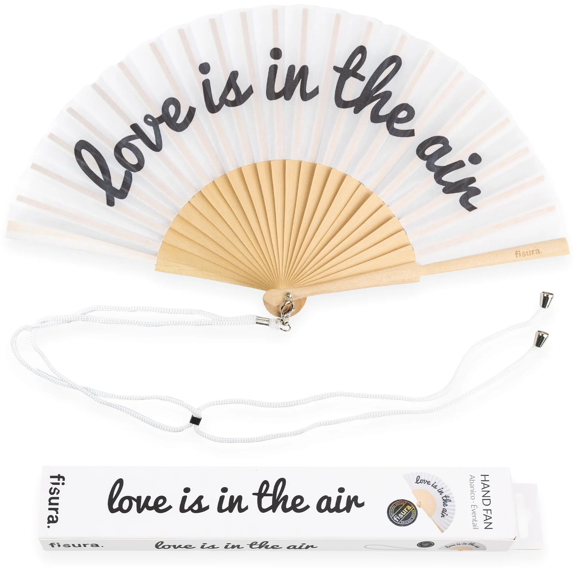 Fisura – Oryginalny wachlarz z napisem "love is in the air”. Wachlarz na ślub. Czarno-biały wachlarz z drewna. Wachlarz z zawieszką. Wymiary: 42,5 x 23 cm.