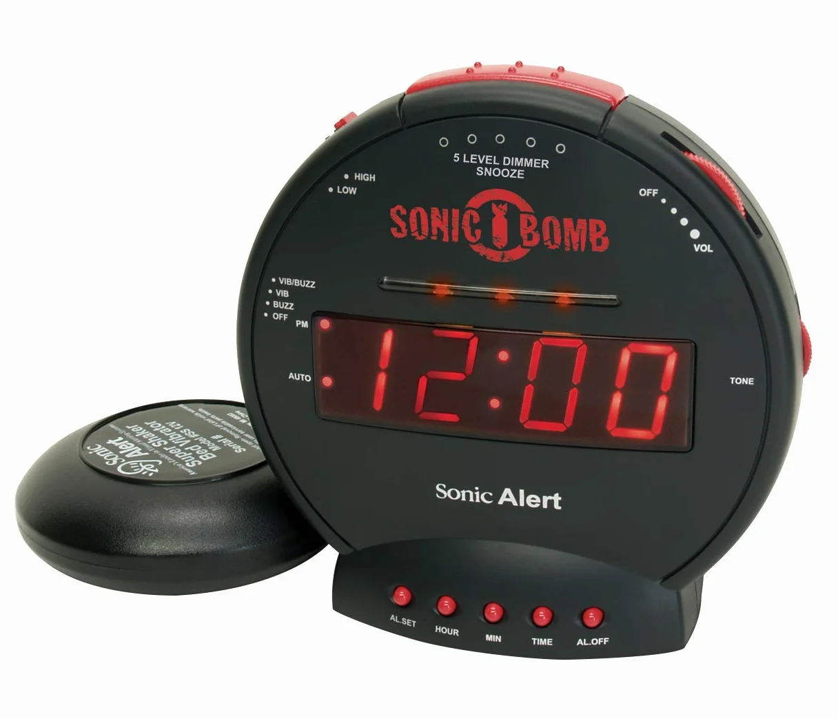 Geemarc Sonic Bomb - Budzik z Super Mocnym Alarmem, Wibrującą Poduszką i Funkcją Drzemki - Dla Osób Niedosłyszących i Ciężko Śpiących - Wersja PL