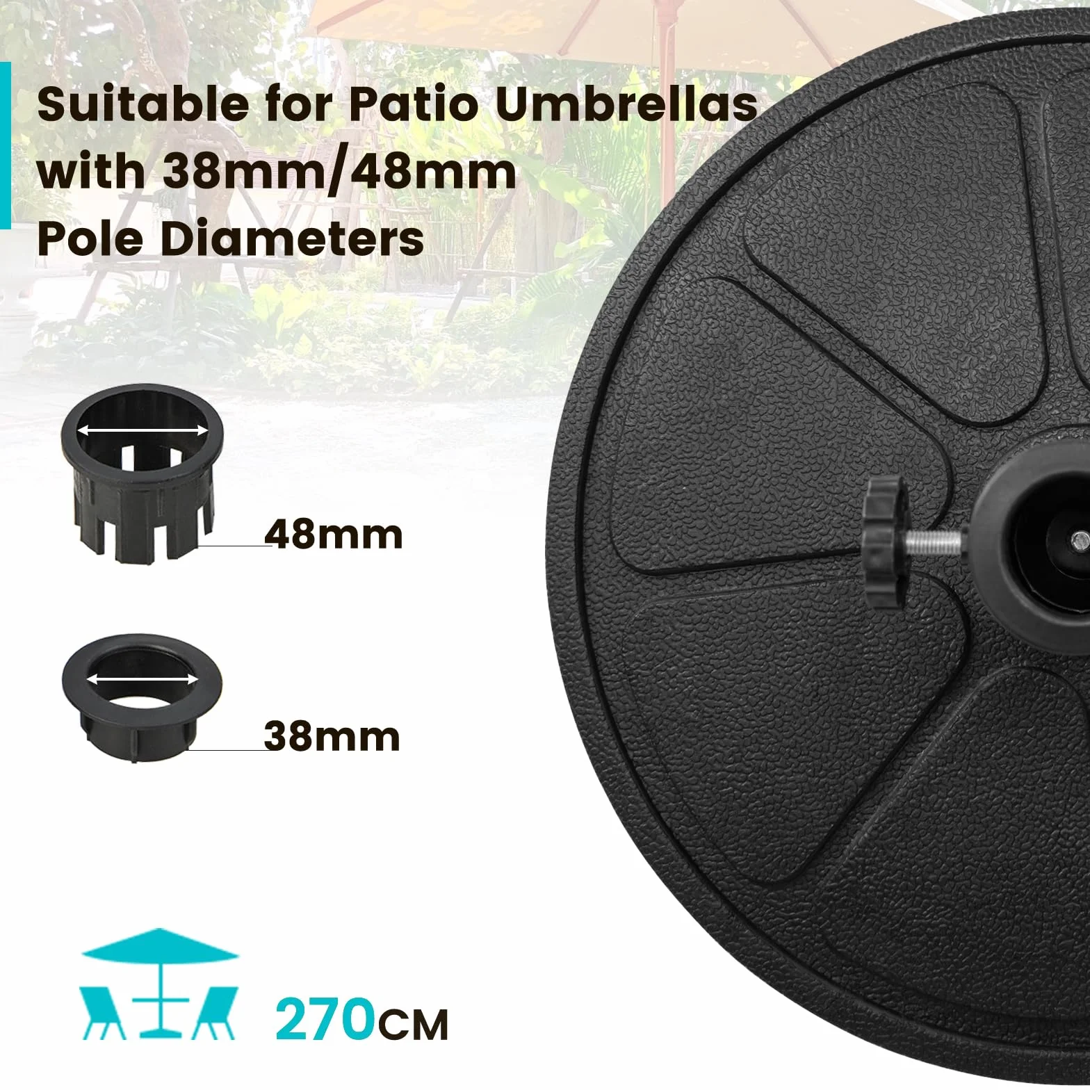 KOMFOTTEU Podstawa parasola z żywicy Φ38/48 mm, uchwyt na parasol ogrodowy na zewnątrz 14/19 kg, stojak na parasol przeciwsłoneczny do ogrodu, na taras, balkon (Φ45 x 35 cm, 14 kg)