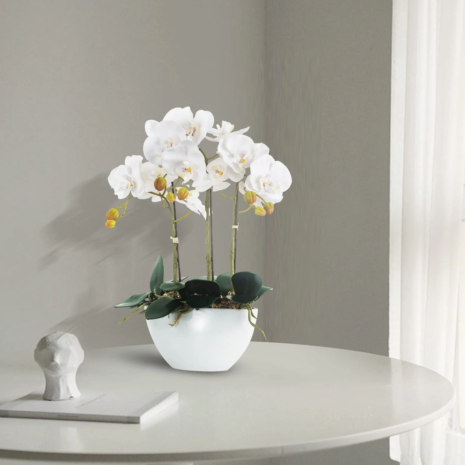 Ziwon Sztuczne kwiaty orchidei doniczkowe w ceramicznej doniczce, białe sztuczne storczyki Phalaenopsis na centralny element stołu, realistyczny sztuczny kwiat w wazonie do domu, biura, dekoracja