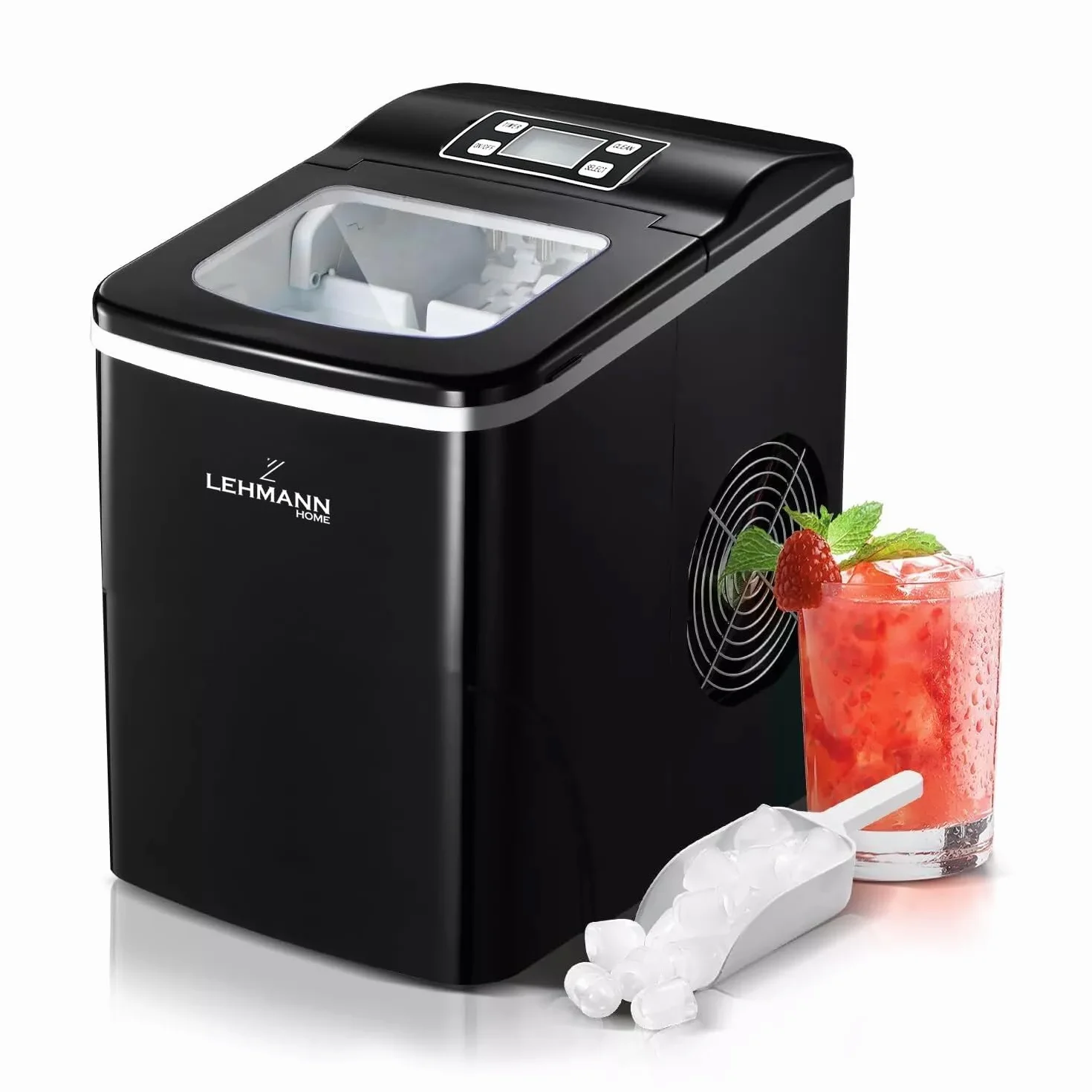 LEHMANN ‎LHOIM-1222 kostkarka do lodu 2 l, 9 kostek lodu w ciągu 6-12 minut, 12 kg w ciągu 24 godzin, automatyczne czyszczenie, 2 rozmiary kostek lodu, idealna do kuchni, biura, baru i na imprezę