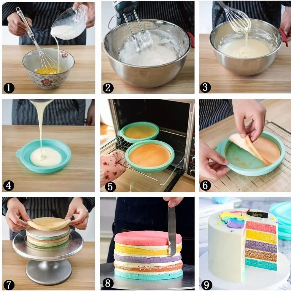 4 sztuki foremek silikonowych, 20 cm, tęczowe formy do pieczenia, silikonowe, okrągłe, szczelne, warstwowe, nieprzywierające, z powłoką zapobiegającą przywieraniu (różowe i zielone)