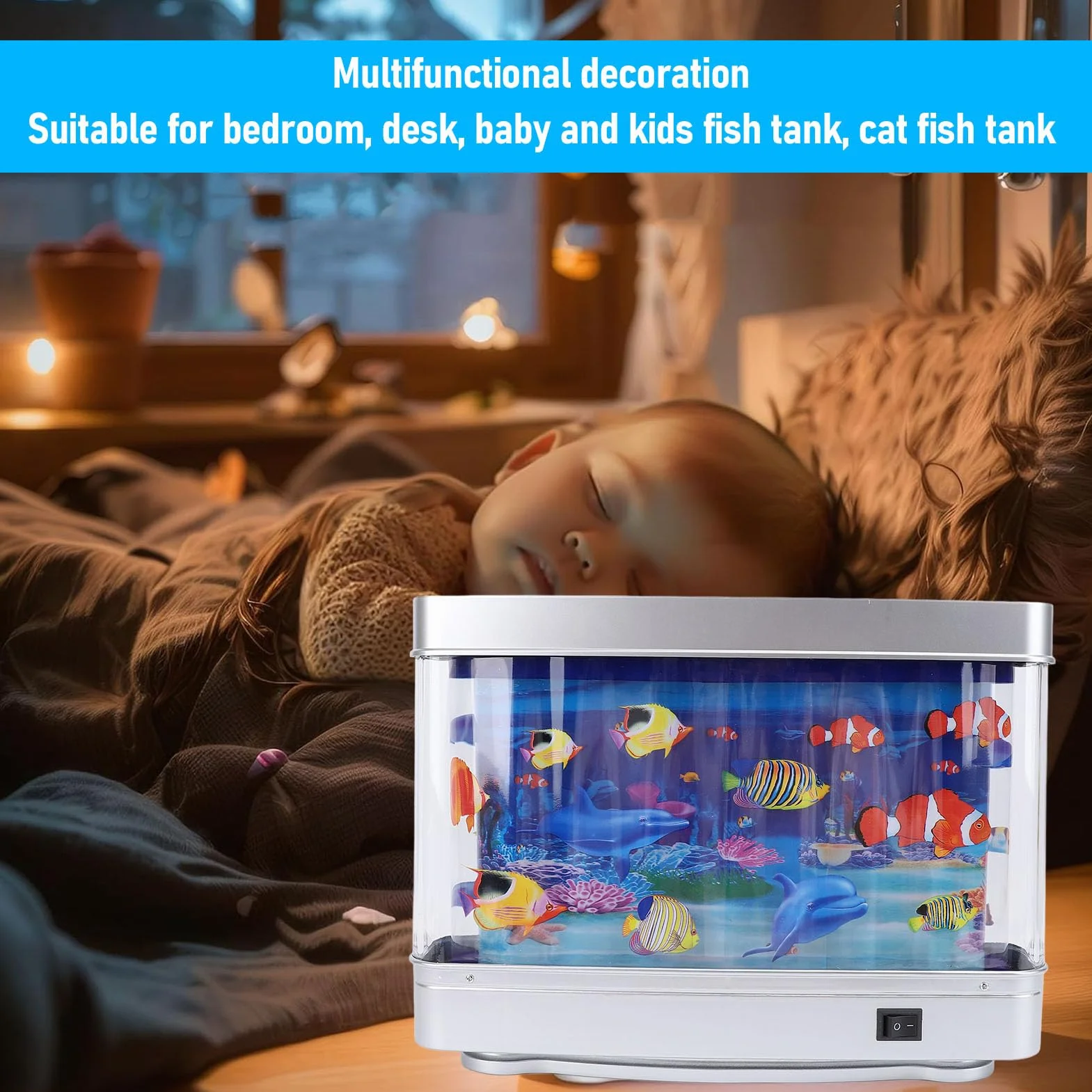 Fałszywy Zbiornik na Ryby z poruszającą się rybą, Mini Sztuczna Tropikalna Ryba Dekoracyjna Ruchoma Sensoryczna do Akwarium, Wirtualna Oceaniczna Lampka Nocna z ruchomą rybą