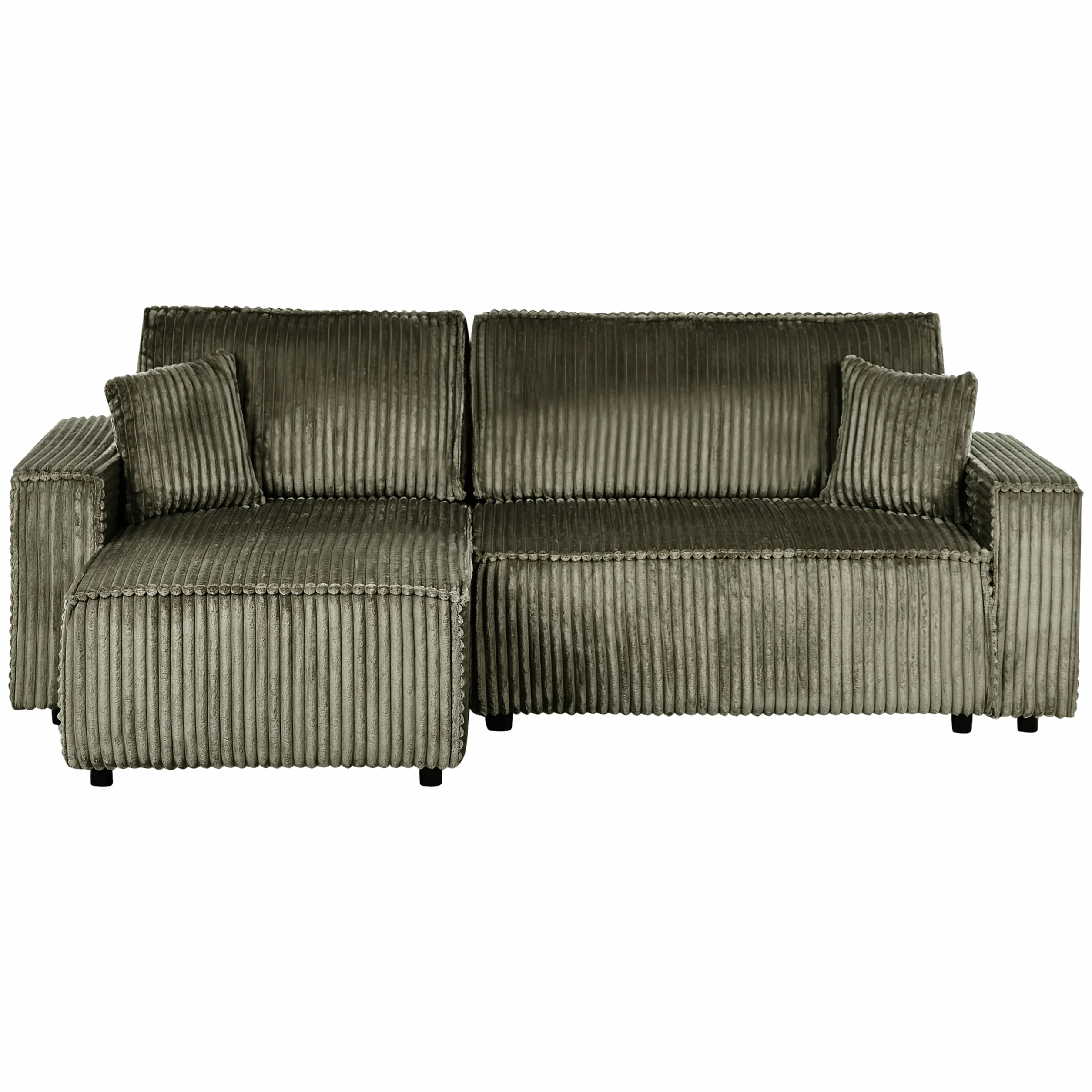 Sofa narożna prawostronna narożnik rozkładany z funkcją spania sztruksowa z poduchami kanapa przyjazna zwierzętom zielona Abacka