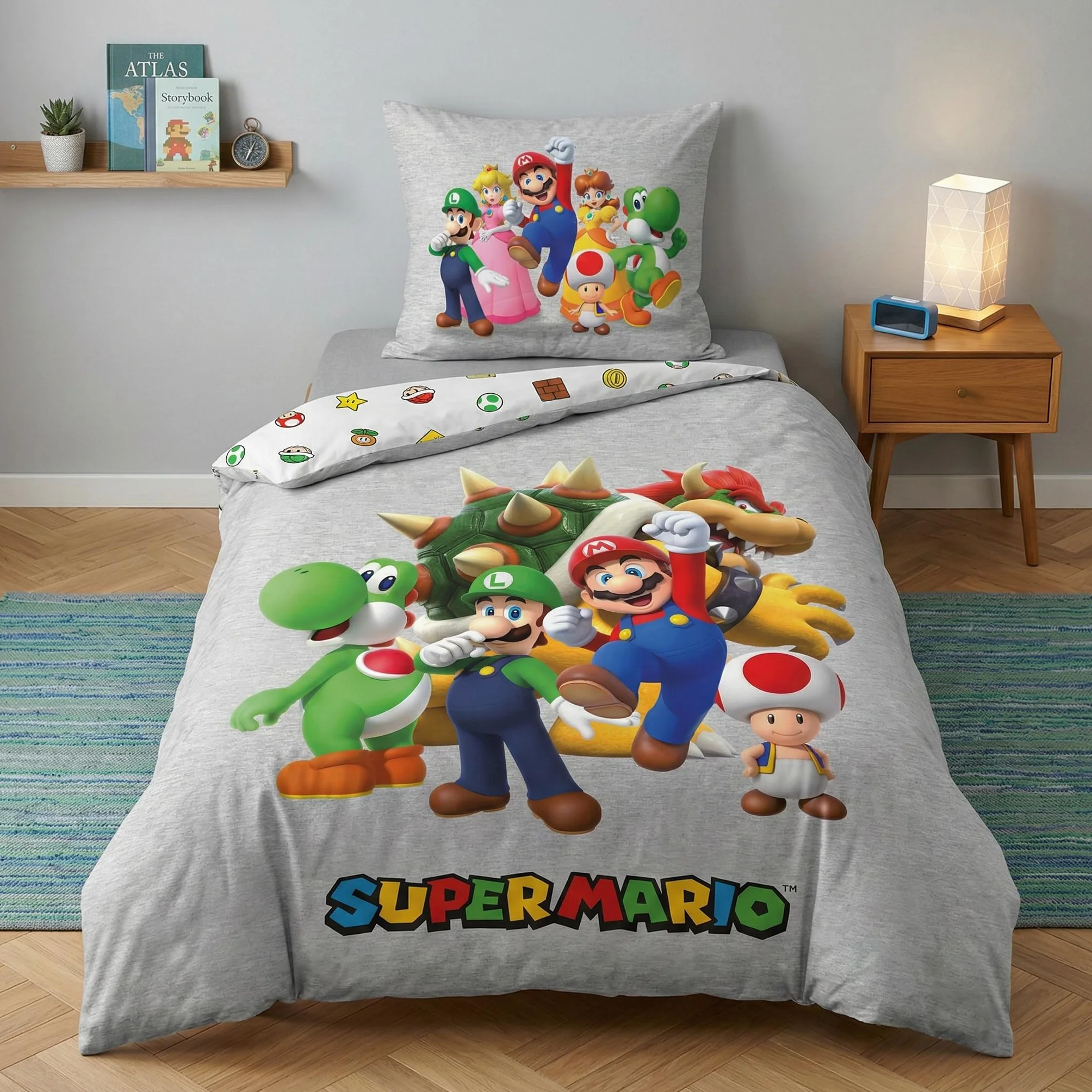 Pościel Super Mario 135 x 200 + 80 x 80 cm, z Mario, Luigi, Toad, Peach, Wario i Yoshi, 2-częściowy komplet pościeli dziecięcej + poszewka na poduszkę, rozmiar niemiecki, mikrofibra