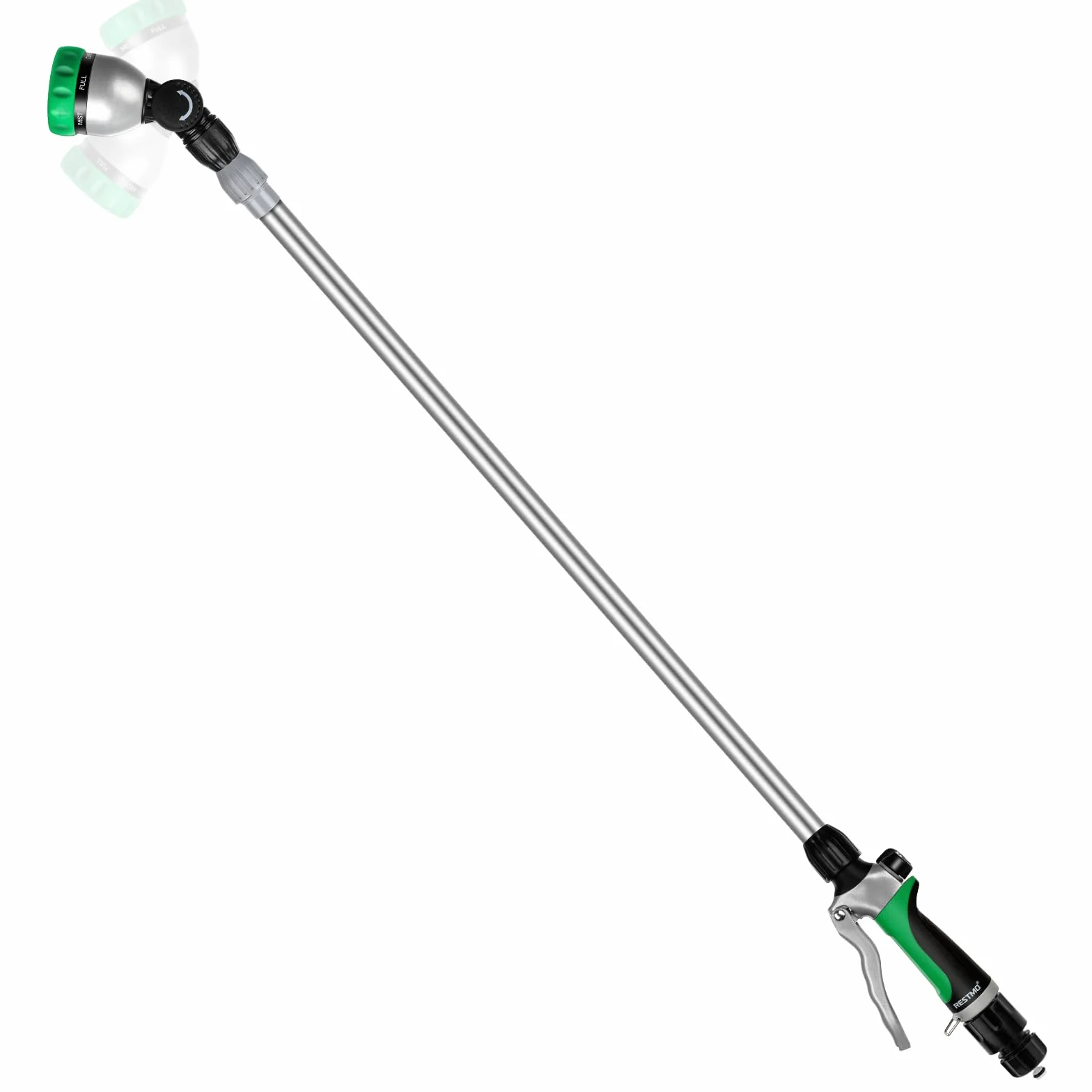 RESTMO Długi teleskopowy pręt do podlewania 92-152 cm, długa metalowa głowica z obrotową głowicą o 180°, 7 wzorów natryskowych, kontrola przepływu, nawadnianie, czarodziejska różdżka do kwietników i