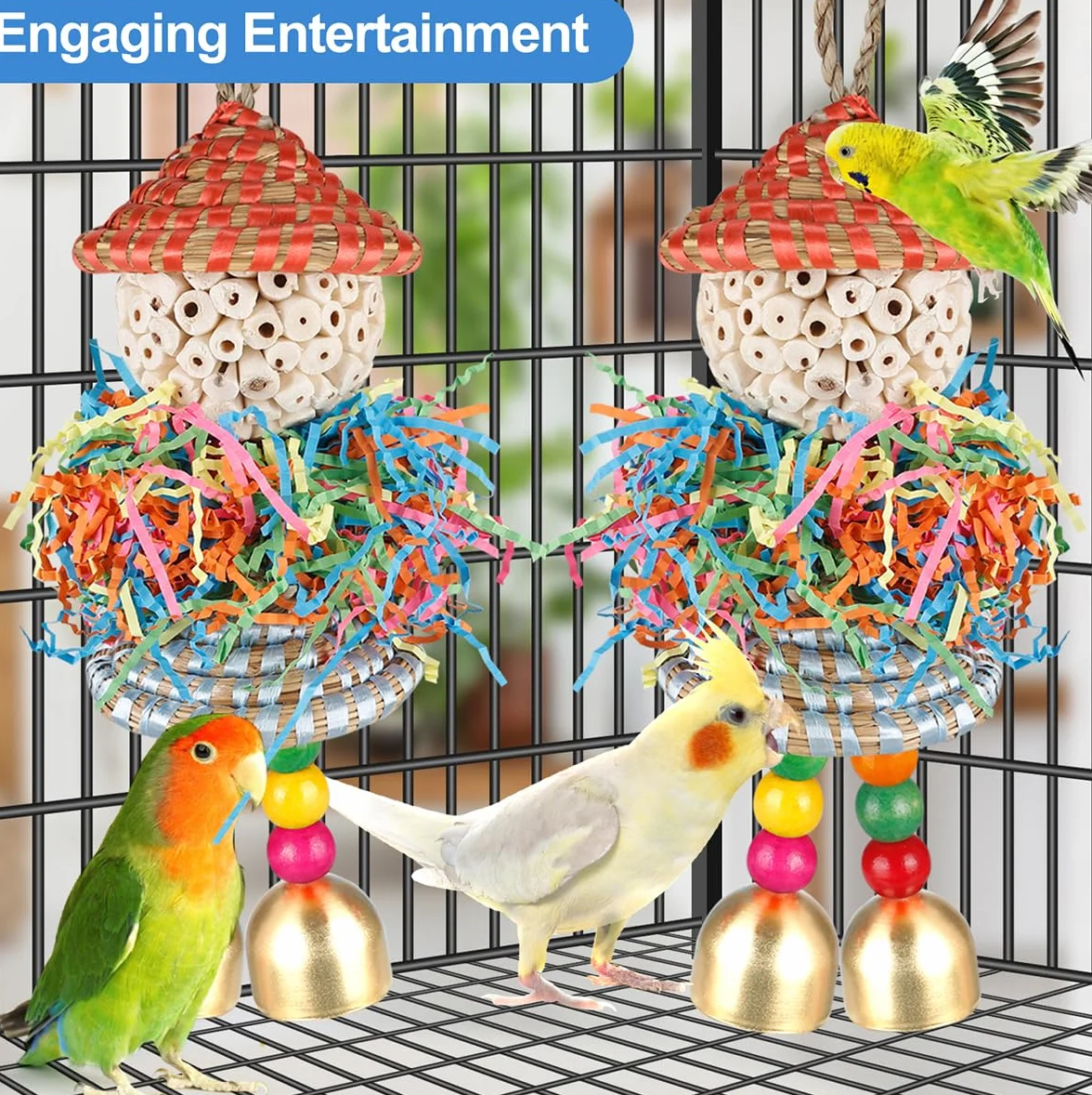 Conure Zabawki, 2 szt., zabawki dla ptaków, niszczarka do żerowania, wiszące zabawki, kulki sola z dzwonkiem, dla małych papug, papug, kakadu, konury, ptaków, budgie, klatka (duży kapelusz) (kolorowe