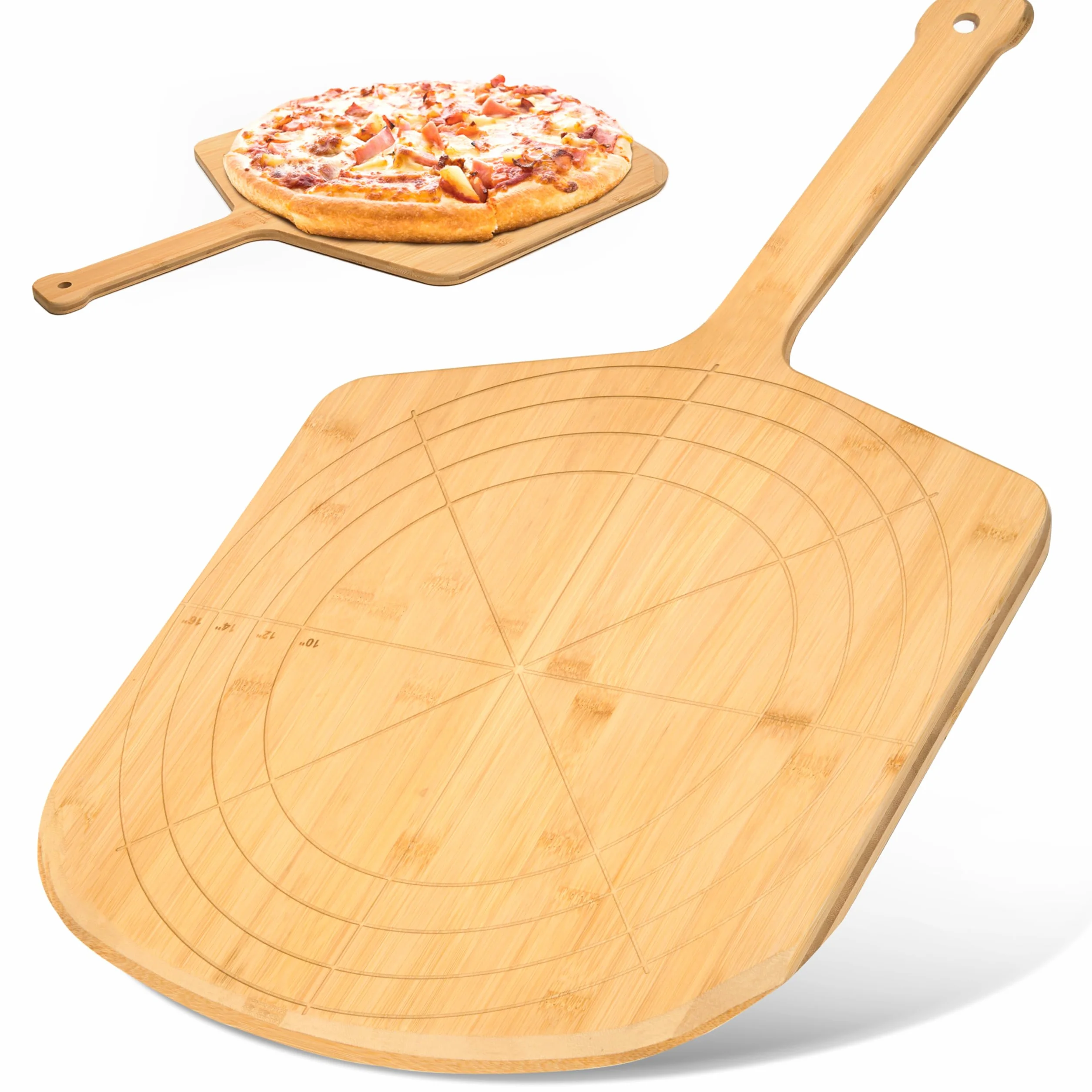 Drewniana deska do krojenia pizzy, 40 cm, z wygrawerowanymi rozmiarami, wielofunkcyjna bambusowa deska do krojenia pizzy, drewniana łopata do pizzy, łopatka do pizzy i deska do serwowania z