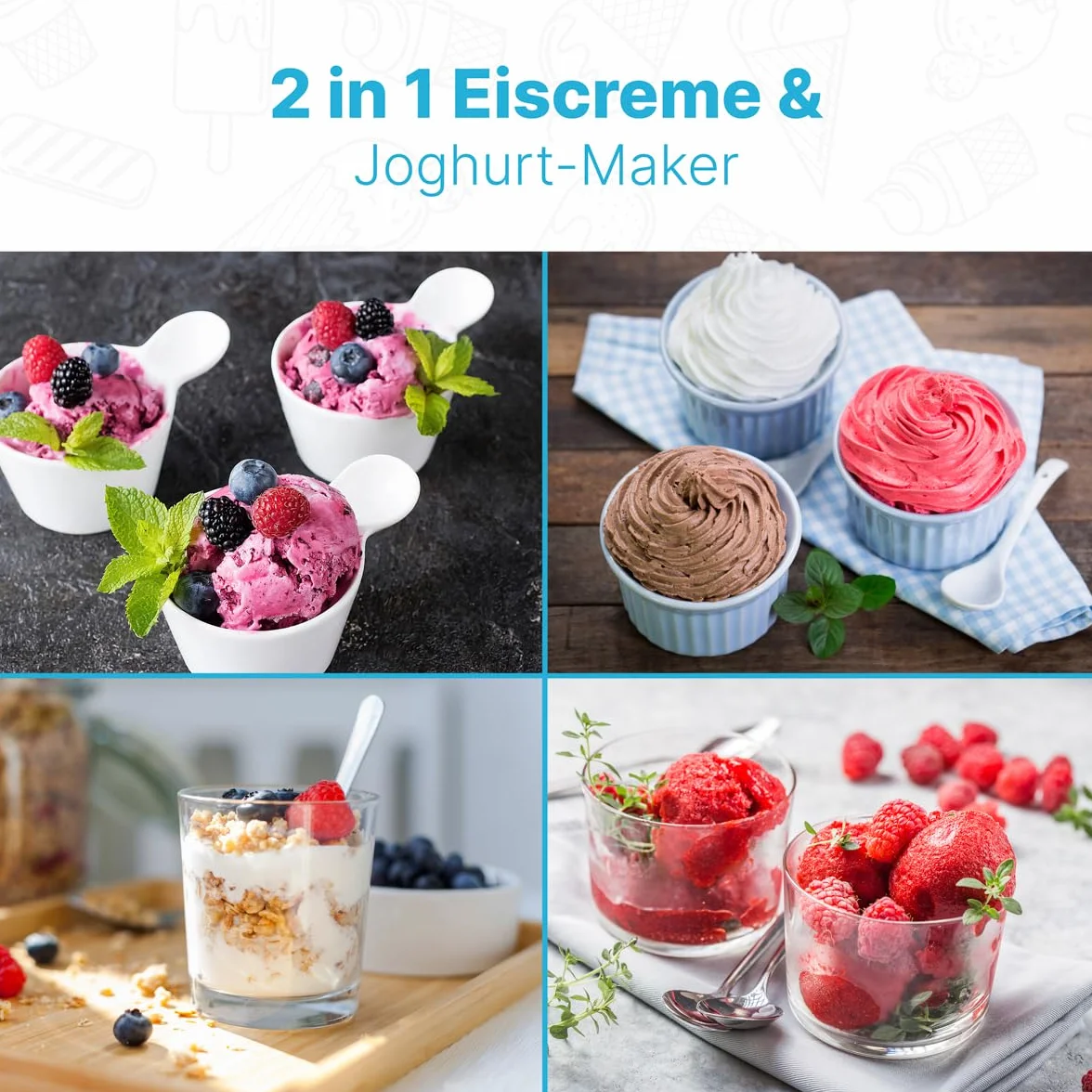 ProfiCook® maszyna do lodów i jogurtu w jednym, lód w 20 min, do 1500 ml, maszyna do lodów z kompresorem, do lodów i mrożonego jogurtu, w zestawie przepisy kulinarne, szpachelka do lodu i kubek z
