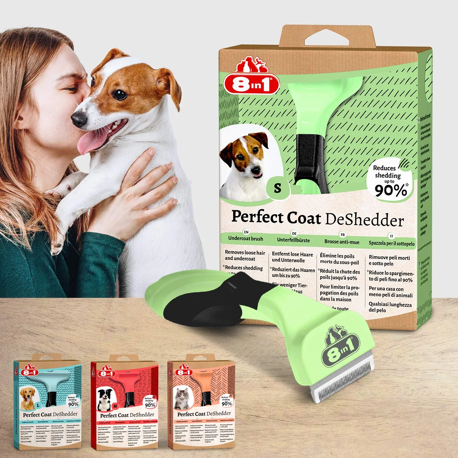 8in1 Coat DeShedder S – szczotka do podbierania sierści dla małych psów, nadaje się do krótkich włosów i długich włosów, szczotka dla psów do usuwania wełny, zielona
