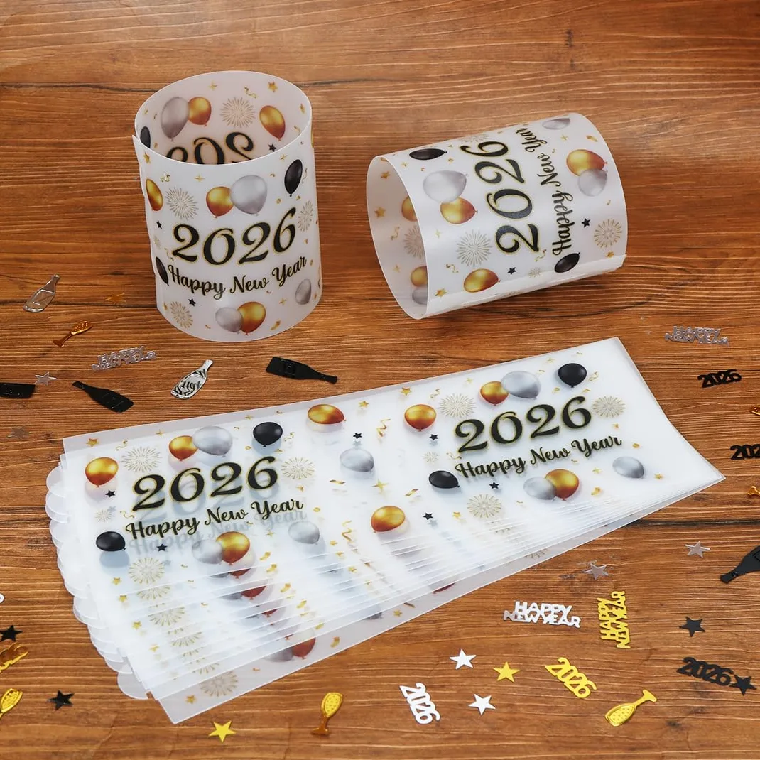 12 świeczników na stół noworoczny + 15 g noworoczne konfetti 2025 czarne złoto, Happy New Year 2025 dekoracja stołu na przyjęcie noworoczne 2025