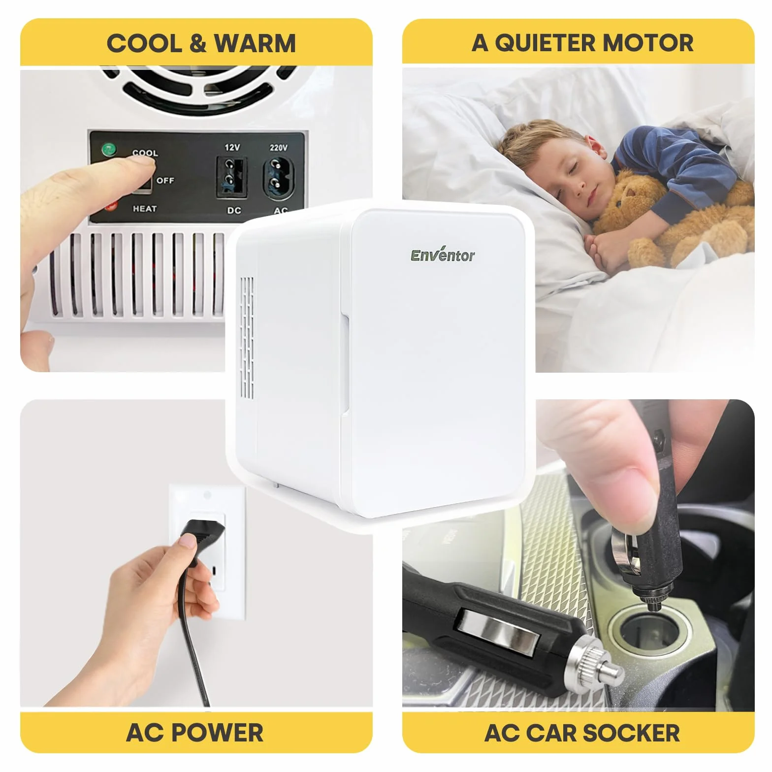 Enventor Mini Lodówka 4 litry, 6 puszek Mini lodówki do sypialni, AC+12V DC, Chłodnice i grzejniki, przenośna mała lodówka do samochodu, podróży, kosmetyków, napojów, owoców, biała